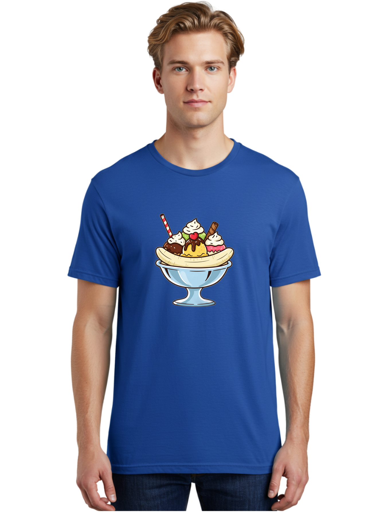 Banana-Split Men'S Graphic Tee, 100% Cotton, Comfortable Casual Summer Wear, Machine Washable, Banana Split, Sundae, Ice Cream Dessert, Whipped Cream, Chocolate Sauce, Cherry On Top, Colorful Treats, Sweet Indulgence Baa148