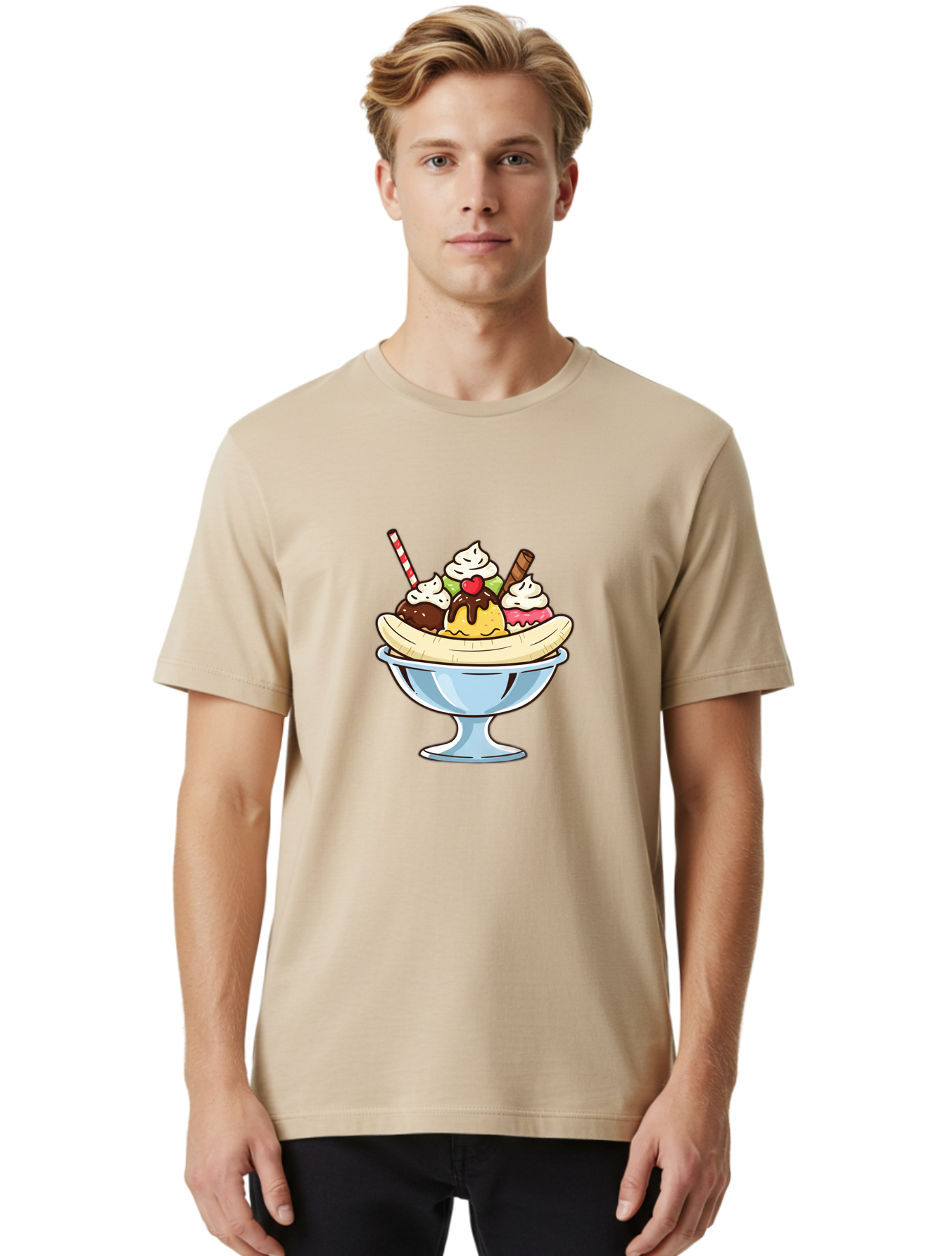 Banana-Split Men'S Graphic Tee, 100% Cotton, Comfortable Casual Summer Wear, Machine Washable, Banana Split, Sundae, Ice Cream Dessert, Whipped Cream, Chocolate Sauce, Cherry On Top, Colorful Treats, Sweet Indulgence Baa148