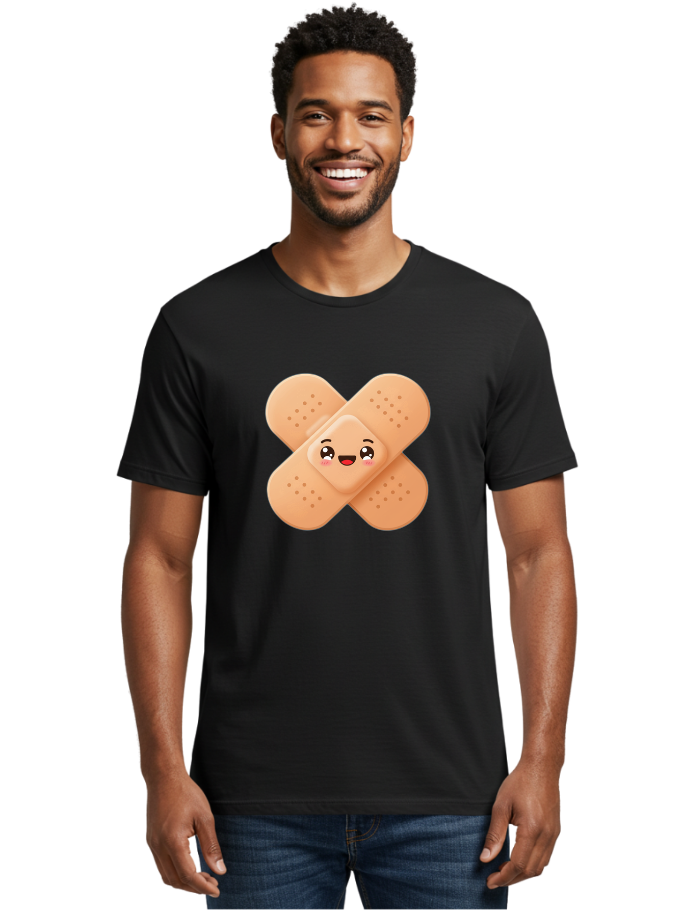 Band-Aid-Cartoon Men'S Graphic Tee, 100% Cotton, Comfortable Casual Summer Wear, Machine Washable, Band-Aid With Face, Cartoon Character, Cute Emoji, Smiling Face, First Aid Kit, Wound Care, Medical Symbol, Adhesive Bandage Baa149