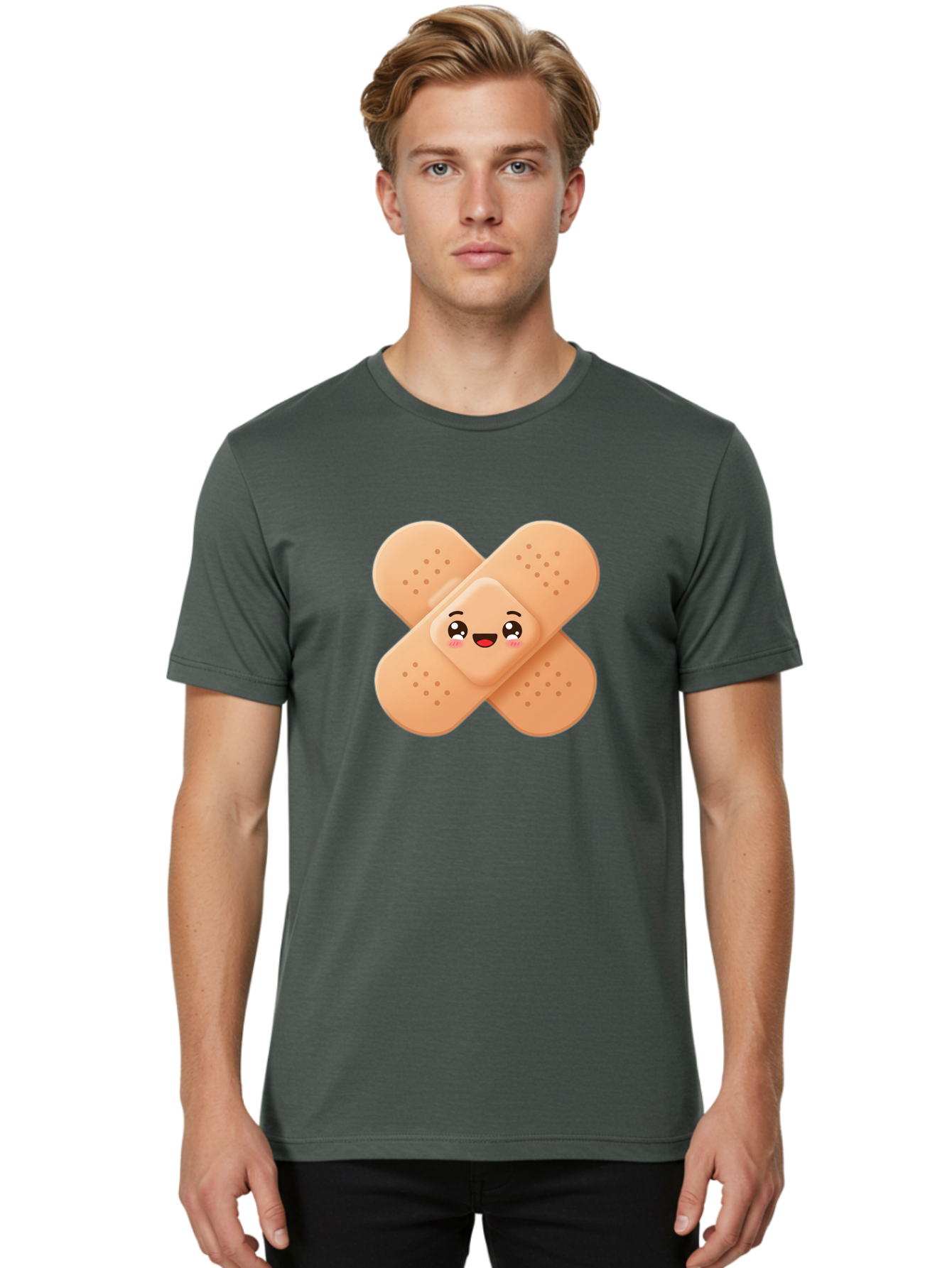 Band-Aid-Cartoon Men'S Graphic Tee, 100% Cotton, Comfortable Casual Summer Wear, Machine Washable, Band-Aid With Face, Cartoon Character, Cute Emoji, Smiling Face, First Aid Kit, Wound Care, Medical Symbol, Adhesive Bandage Baa149
