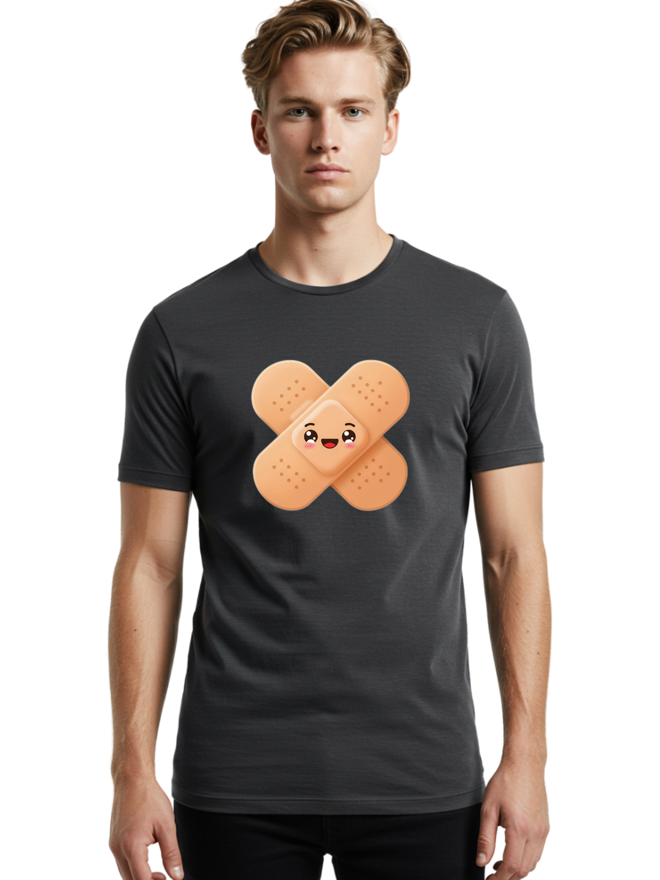 Band-Aid-Cartoon Men'S Graphic Tee, 100% Cotton, Comfortable Casual Summer Wear, Machine Washable, Band-Aid With Face, Cartoon Character, Cute Emoji, Smiling Face, First Aid Kit, Wound Care, Medical Symbol, Adhesive Bandage Baa149