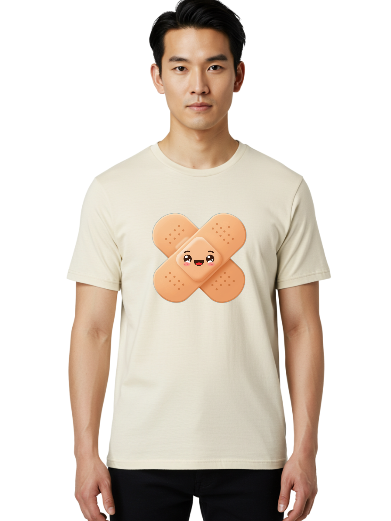 Band-Aid-Cartoon Men'S Graphic Tee, 100% Cotton, Comfortable Casual Summer Wear, Machine Washable, Band-Aid With Face, Cartoon Character, Cute Emoji, Smiling Face, First Aid Kit, Wound Care, Medical Symbol, Adhesive Bandage Baa149
