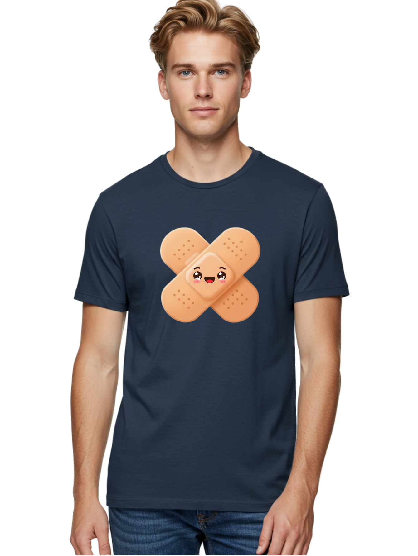 Band-Aid-Cartoon Men'S Graphic Tee, 100% Cotton, Comfortable Casual Summer Wear, Machine Washable, Band-Aid With Face, Cartoon Character, Cute Emoji, Smiling Face, First Aid Kit, Wound Care, Medical Symbol, Adhesive Bandage Baa149