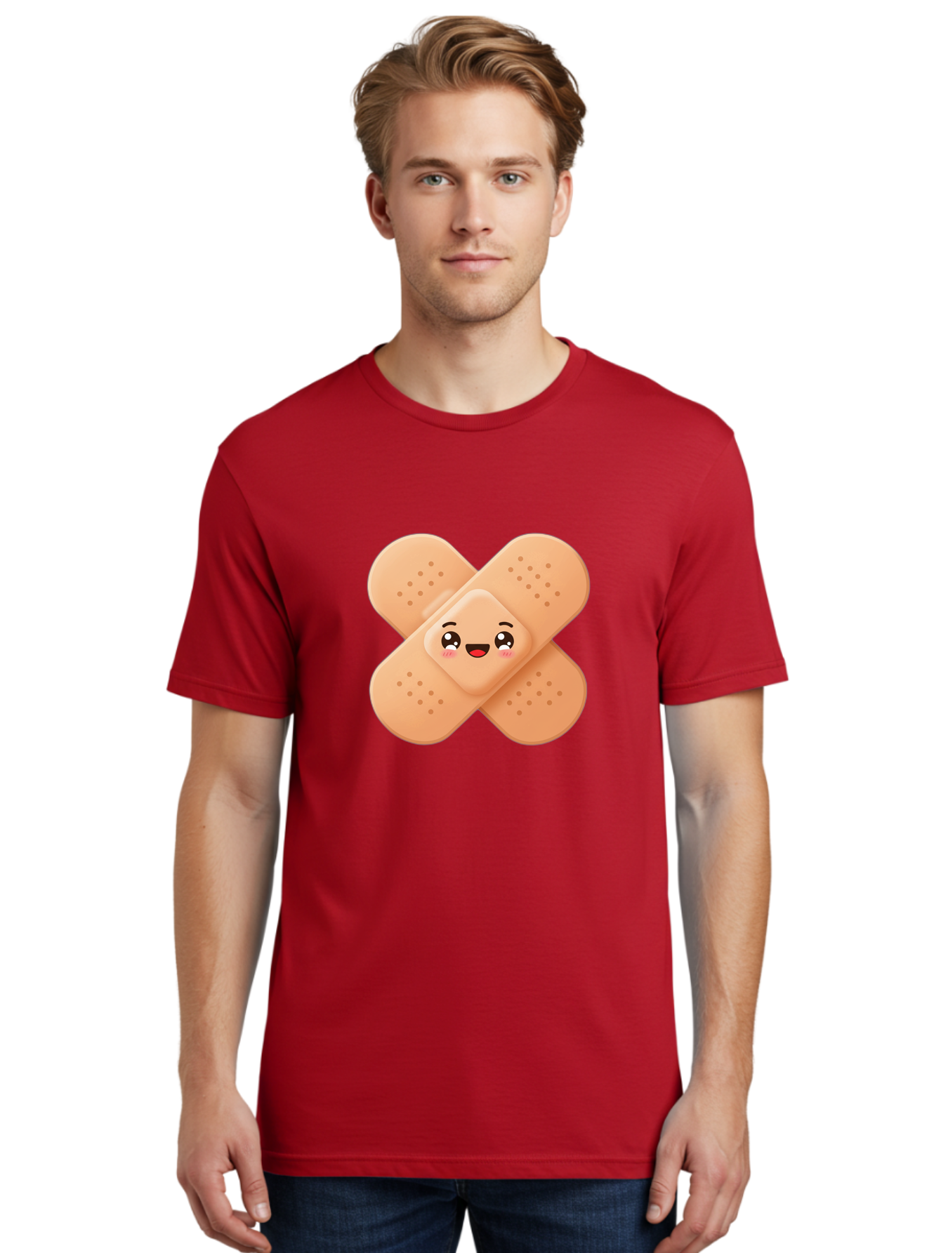 Band-Aid-Cartoon Men'S Graphic Tee, 100% Cotton, Comfortable Casual Summer Wear, Machine Washable, Band-Aid With Face, Cartoon Character, Cute Emoji, Smiling Face, First Aid Kit, Wound Care, Medical Symbol, Adhesive Bandage Baa149