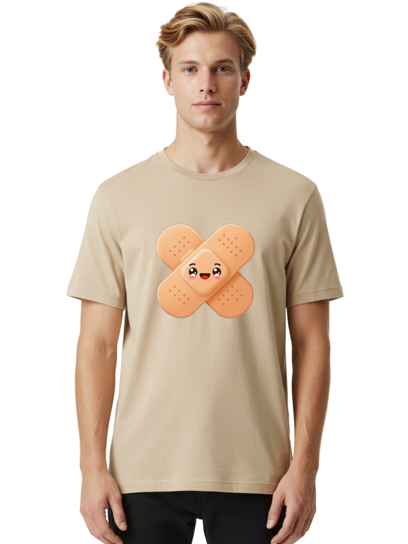 Band-Aid-Cartoon Men'S Graphic Tee, 100% Cotton, Comfortable Casual Summer Wear, Machine Washable, Band-Aid With Face, Cartoon Character, Cute Emoji, Smiling Face, First Aid Kit, Wound Care, Medical Symbol, Adhesive Bandage Baa149