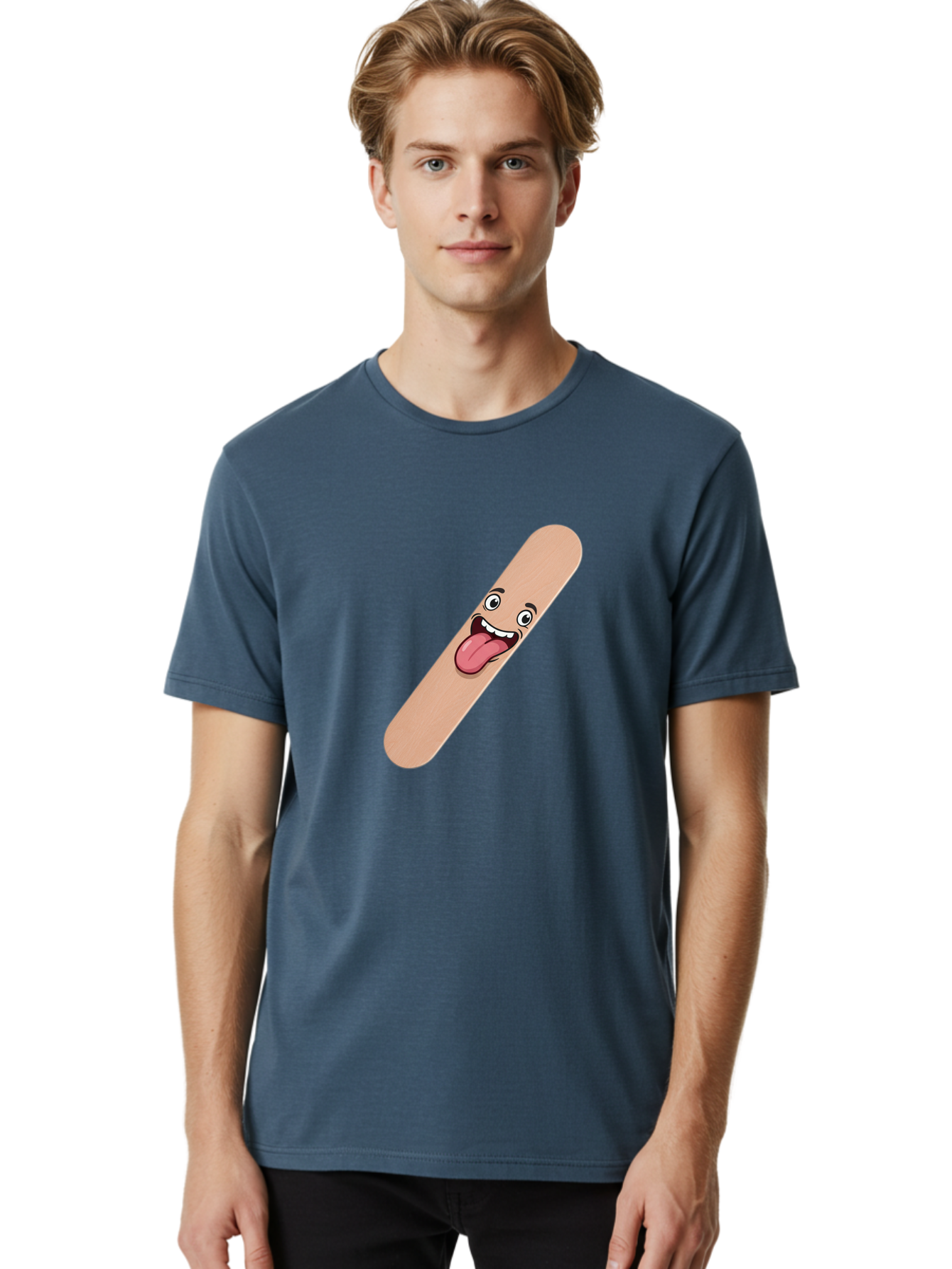 Bandage-Stick Men'S Graphic Tee, 100% Cotton, Comfortable Casual Summer Wear, Machine Washable, Cartoon Band-Aid, Funny Facial Expression, Tongue Out, Playful Character, Medical Humor, Quirky Illustration, Humorous Design Baa150
