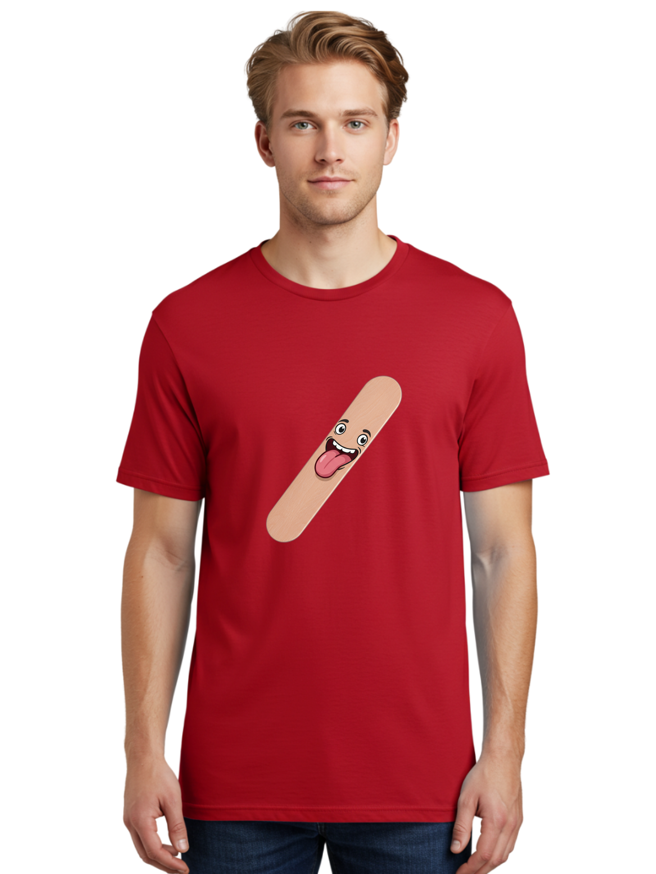 Bandage-Stick Men'S Graphic Tee, 100% Cotton, Comfortable Casual Summer Wear, Machine Washable, Cartoon Band-Aid, Funny Facial Expression, Tongue Out, Playful Character, Medical Humor, Quirky Illustration, Humorous Design Baa150