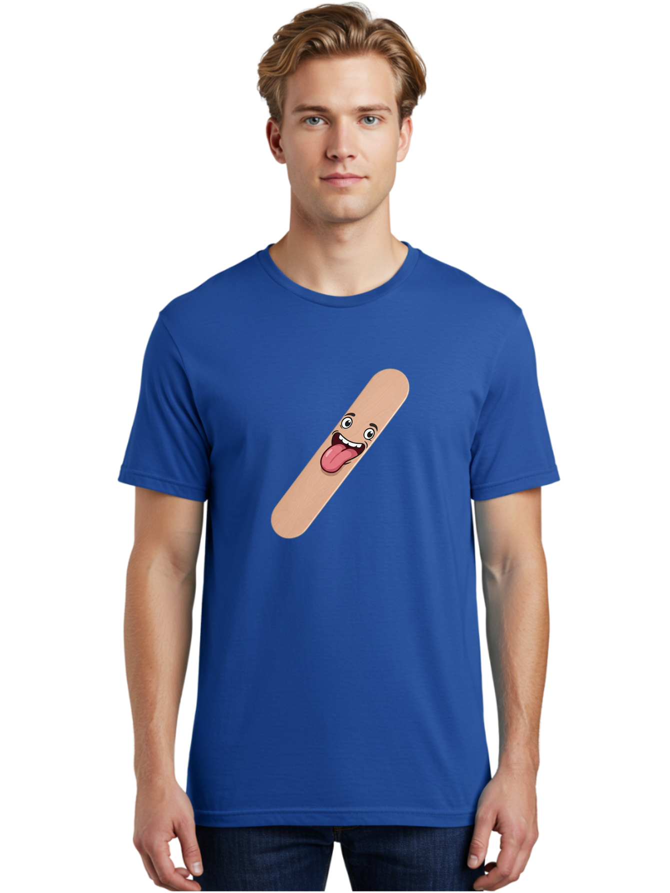 Bandage-Stick Men'S Graphic Tee, 100% Cotton, Comfortable Casual Summer Wear, Machine Washable, Cartoon Band-Aid, Funny Facial Expression, Tongue Out, Playful Character, Medical Humor, Quirky Illustration, Humorous Design Baa150