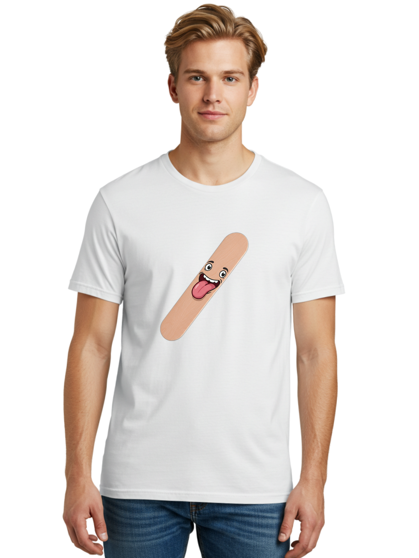 Bandage-Stick Men'S Graphic Tee, 100% Cotton, Comfortable Casual Summer Wear, Machine Washable, Cartoon Band-Aid, Funny Facial Expression, Tongue Out, Playful Character, Medical Humor, Quirky Illustration, Humorous Design Baa150