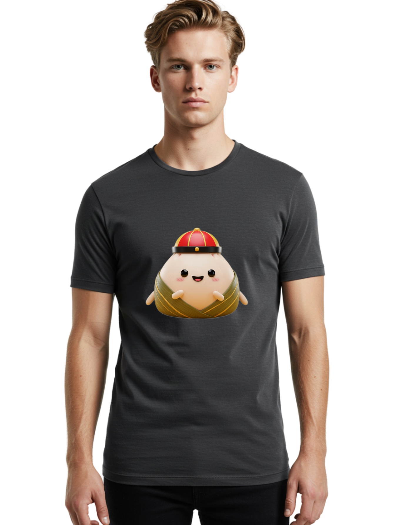 Baozi Men'S Graphic Tee, 100% Cotton, Comfortable Casual Summer Wear, Machine Washable, Cartoon Zongzi, Chinese Rice Dumpling, Traditional Food, Kawaii Character, Red Hat, Joyful Expression, Cute Illustration, Kawaii Art, Festive Food, Baa152