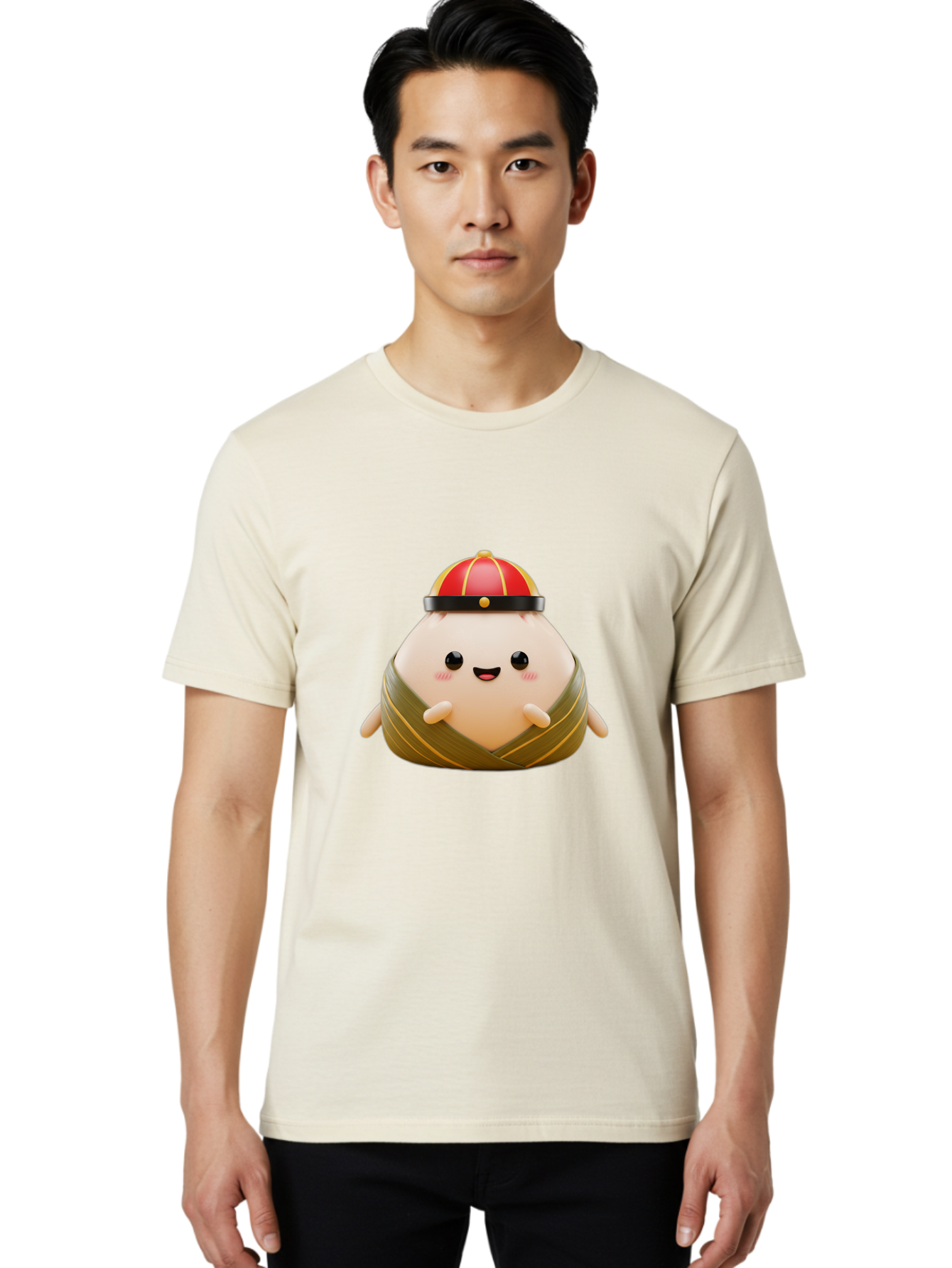 Baozi Men'S Graphic Tee, 100% Cotton, Comfortable Casual Summer Wear, Machine Washable, Cartoon Zongzi, Chinese Rice Dumpling, Traditional Food, Kawaii Character, Red Hat, Joyful Expression, Cute Illustration, Kawaii Art, Festive Food, Baa152