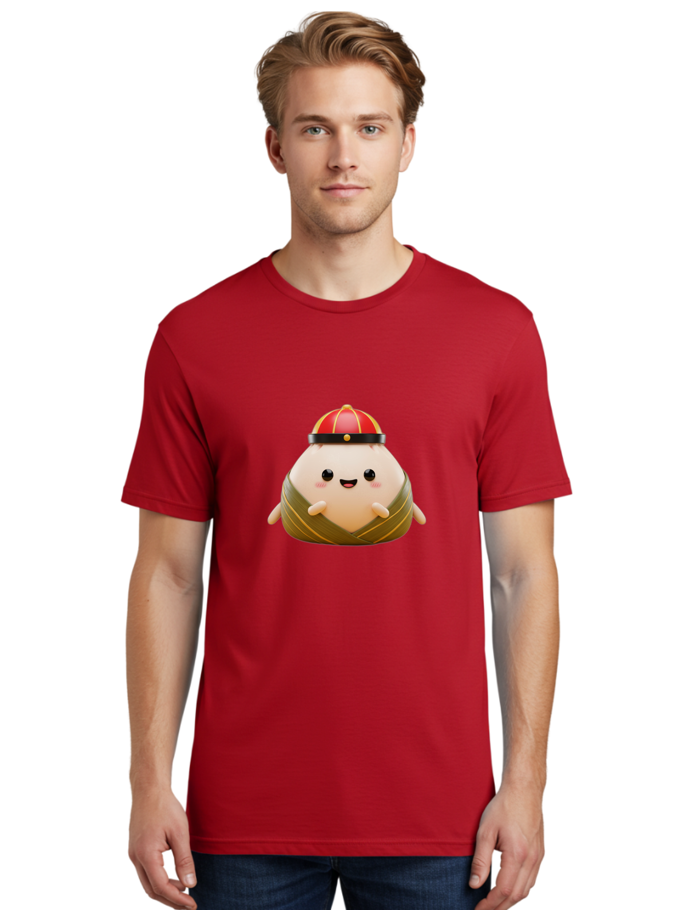 Baozi Men'S Graphic Tee, 100% Cotton, Comfortable Casual Summer Wear, Machine Washable, Cartoon Zongzi, Chinese Rice Dumpling, Traditional Food, Kawaii Character, Red Hat, Joyful Expression, Cute Illustration, Kawaii Art, Festive Food, Baa152