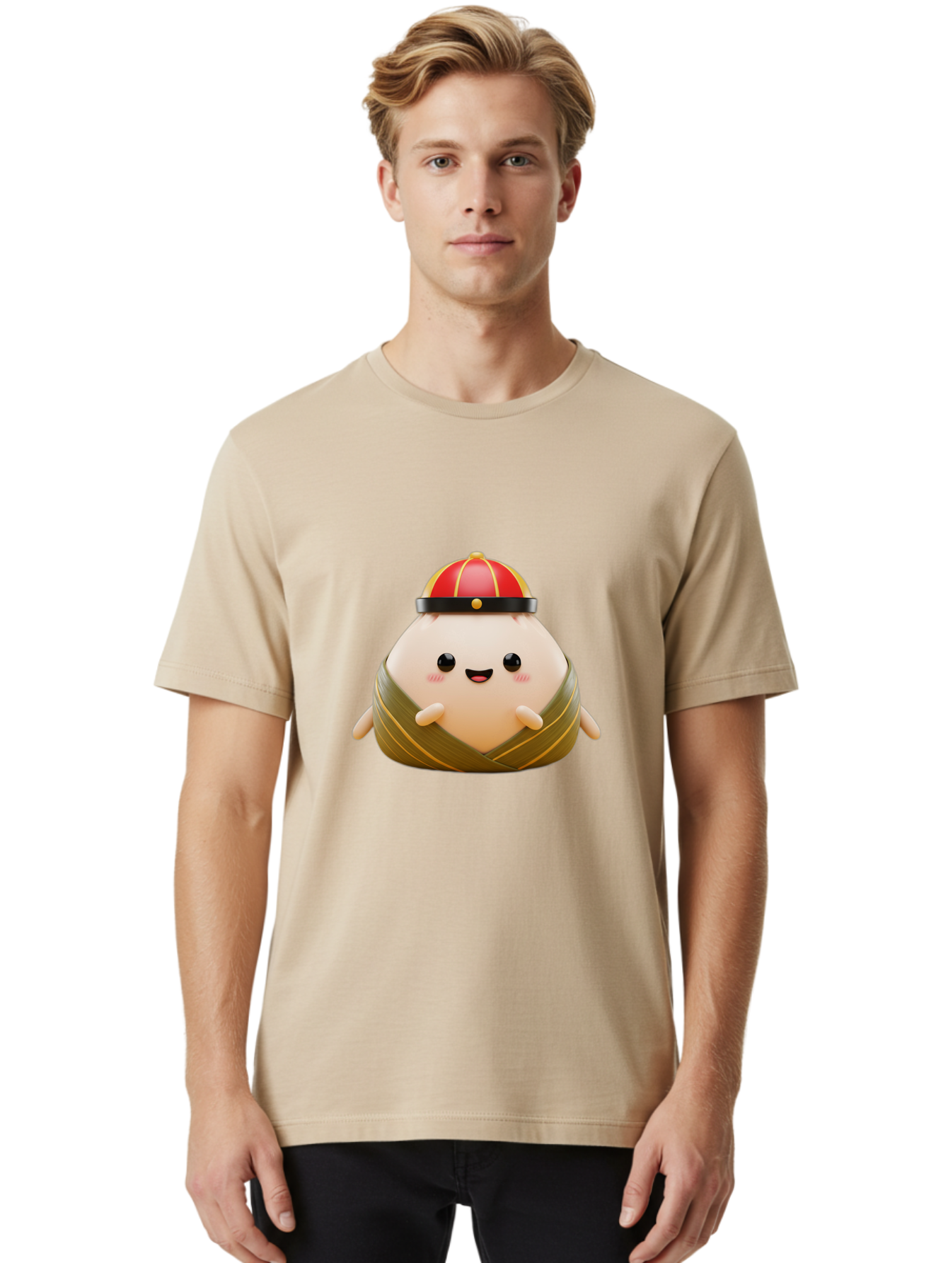 Baozi Men'S Graphic Tee, 100% Cotton, Comfortable Casual Summer Wear, Machine Washable, Cartoon Zongzi, Chinese Rice Dumpling, Traditional Food, Kawaii Character, Red Hat, Joyful Expression, Cute Illustration, Kawaii Art, Festive Food, Baa152