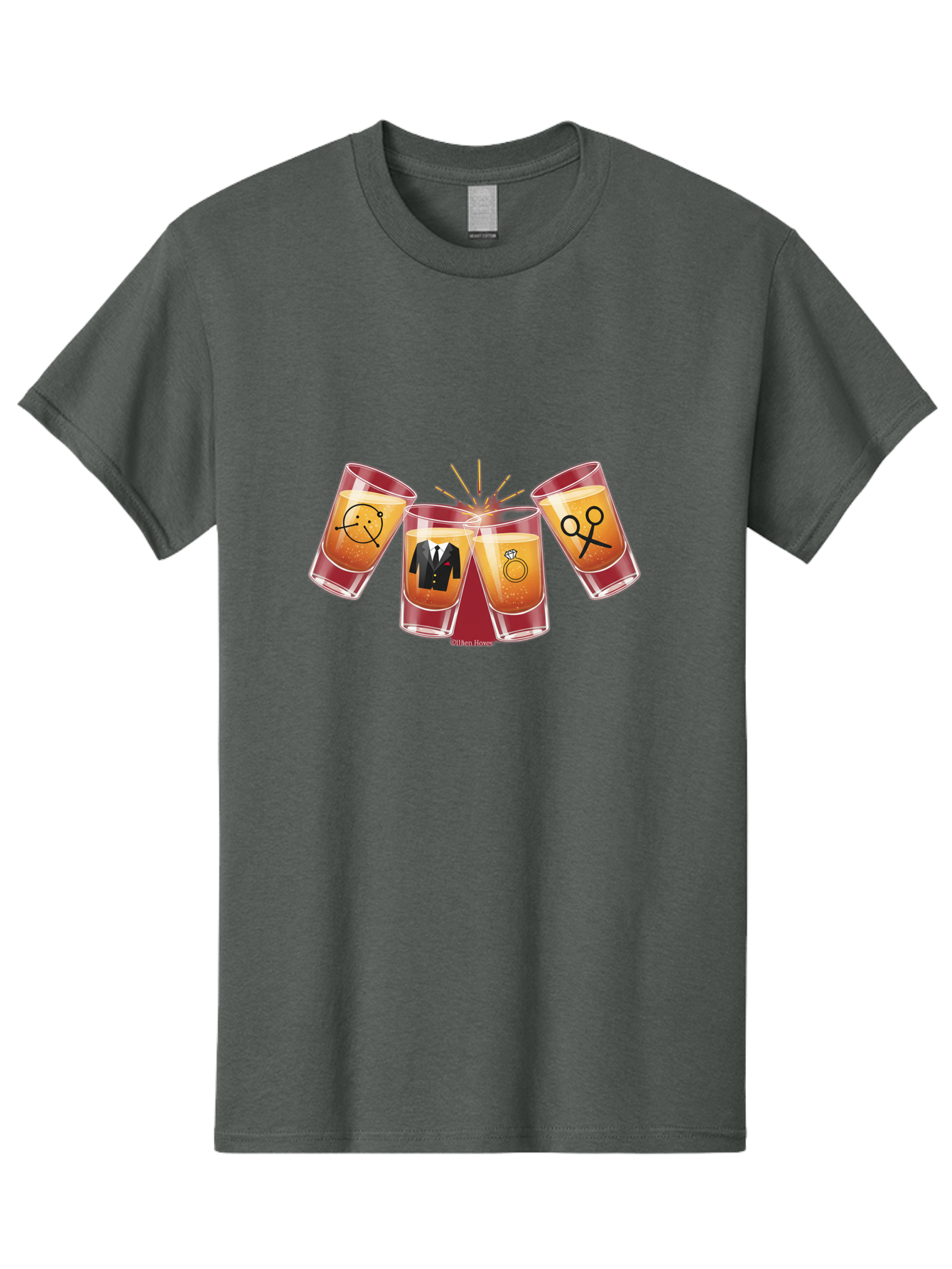 Bar-Brawl Men'S Graphic Tee, 100% Cotton, Comfortable Casual Summer Wear, Machine Washable, Shot Glasses, Orange Liquid, Symbolic Icons, Smiley Face, Tuxedo, Diamond Ring, Scissors, Party, Celebration, Festive Atmosphere Baa153