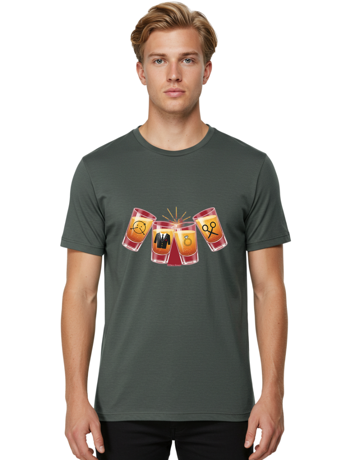 Bar-Brawl Men'S Graphic Tee, 100% Cotton, Comfortable Casual Summer Wear, Machine Washable, Shot Glasses, Orange Liquid, Symbolic Icons, Smiley Face, Tuxedo, Diamond Ring, Scissors, Party, Celebration, Festive Atmosphere Baa153