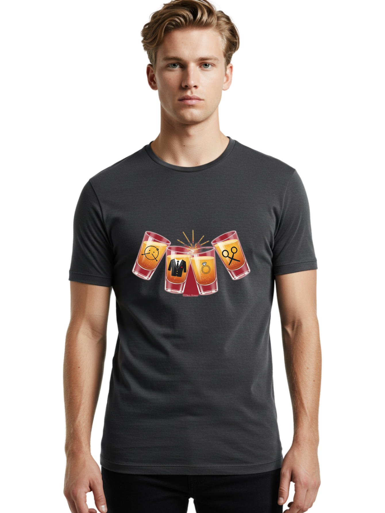 Bar-Brawl Men'S Graphic Tee, 100% Cotton, Comfortable Casual Summer Wear, Machine Washable, Shot Glasses, Orange Liquid, Symbolic Icons, Smiley Face, Tuxedo, Diamond Ring, Scissors, Party, Celebration, Festive Atmosphere Baa153