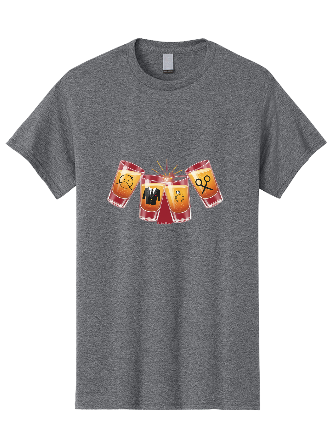 Bar-Brawl Men'S Graphic Tee, 100% Cotton, Comfortable Casual Summer Wear, Machine Washable, Shot Glasses, Orange Liquid, Symbolic Icons, Smiley Face, Tuxedo, Diamond Ring, Scissors, Party, Celebration, Festive Atmosphere Baa153