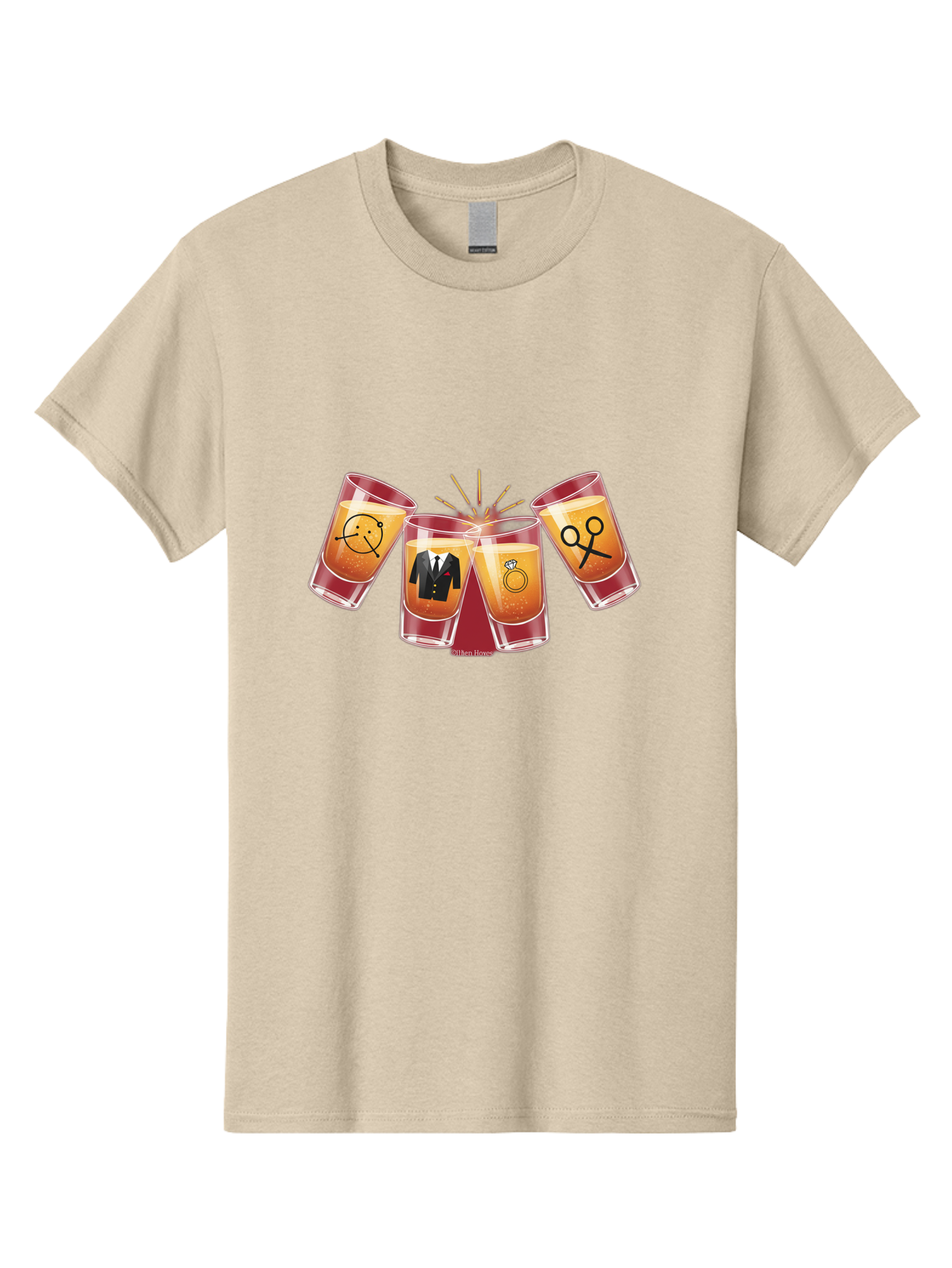 Bar-Brawl Men'S Graphic Tee, 100% Cotton, Comfortable Casual Summer Wear, Machine Washable, Shot Glasses, Orange Liquid, Symbolic Icons, Smiley Face, Tuxedo, Diamond Ring, Scissors, Party, Celebration, Festive Atmosphere Baa153