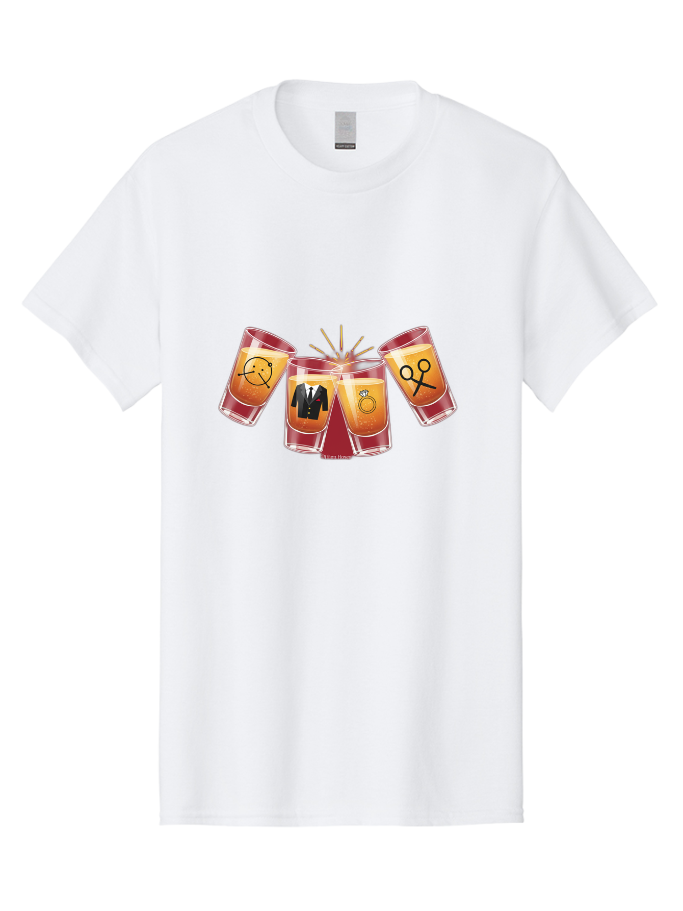 Bar-Brawl Men'S Graphic Tee, 100% Cotton, Comfortable Casual Summer Wear, Machine Washable, Shot Glasses, Orange Liquid, Symbolic Icons, Smiley Face, Tuxedo, Diamond Ring, Scissors, Party, Celebration, Festive Atmosphere Baa153