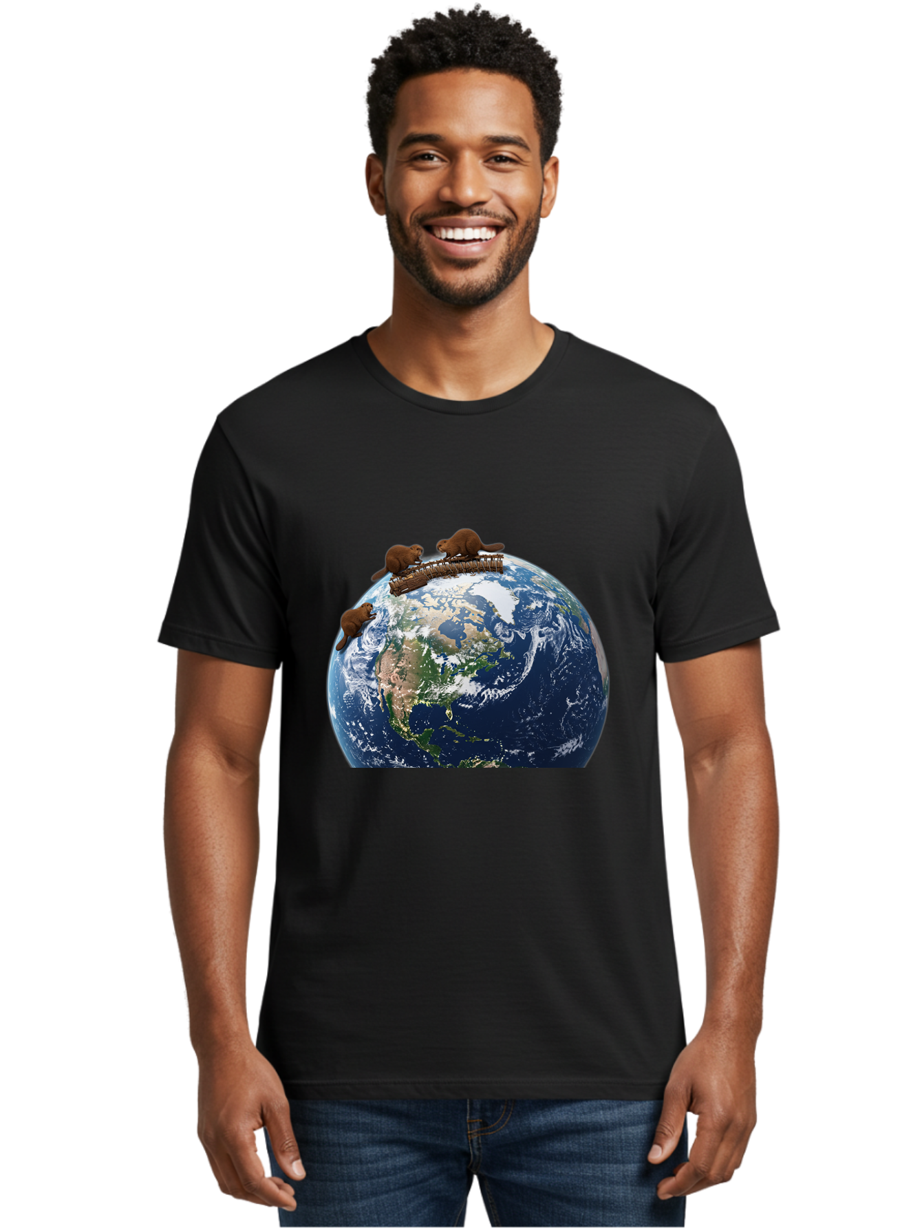 Beavers-On-Globe Men'S Graphic Tee, 100% Cotton, Comfortable Casual Summer Wear, Machine Washable, Beavers Building Dam On Top Of The Earth, Global Unity, Wildlife Conservation, Environmental Protection, Teamwork, Creative Beavers, Beaver Dam Baa157