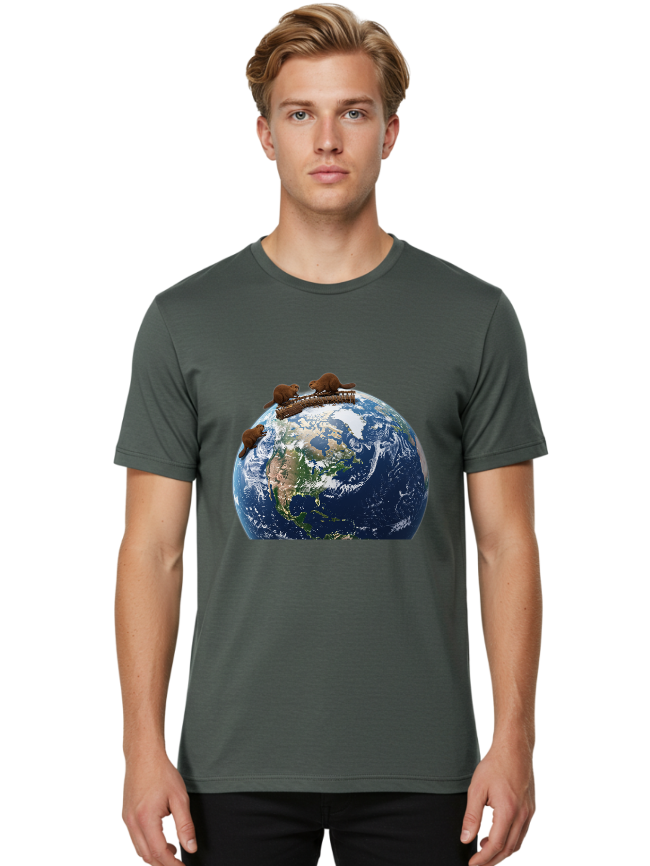 Beavers-On-Globe Men'S Graphic Tee, 100% Cotton, Comfortable Casual Summer Wear, Machine Washable, Beavers Building Dam On Top Of The Earth, Global Unity, Wildlife Conservation, Environmental Protection, Teamwork, Creative Beavers, Beaver Dam Baa157