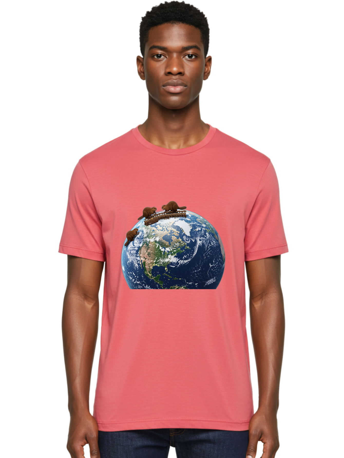 Beavers-On-Globe Men'S Graphic Tee, 100% Cotton, Comfortable Casual Summer Wear, Machine Washable, Beavers Building Dam On Top Of The Earth, Global Unity, Wildlife Conservation, Environmental Protection, Teamwork, Creative Beavers, Beaver Dam Baa157