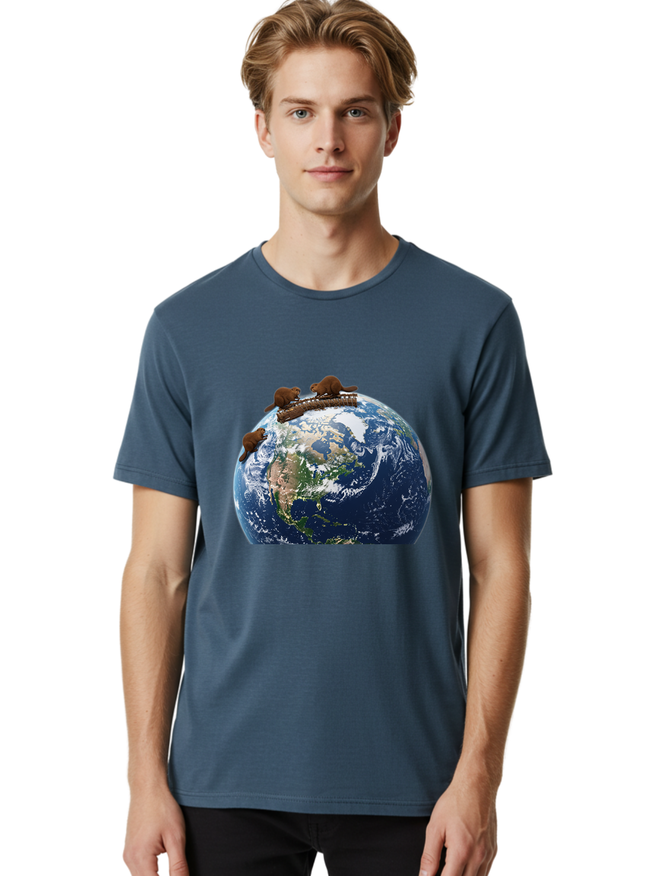 Beavers-On-Globe Men'S Graphic Tee, 100% Cotton, Comfortable Casual Summer Wear, Machine Washable, Beavers Building Dam On Top Of The Earth, Global Unity, Wildlife Conservation, Environmental Protection, Teamwork, Creative Beavers, Beaver Dam Baa157