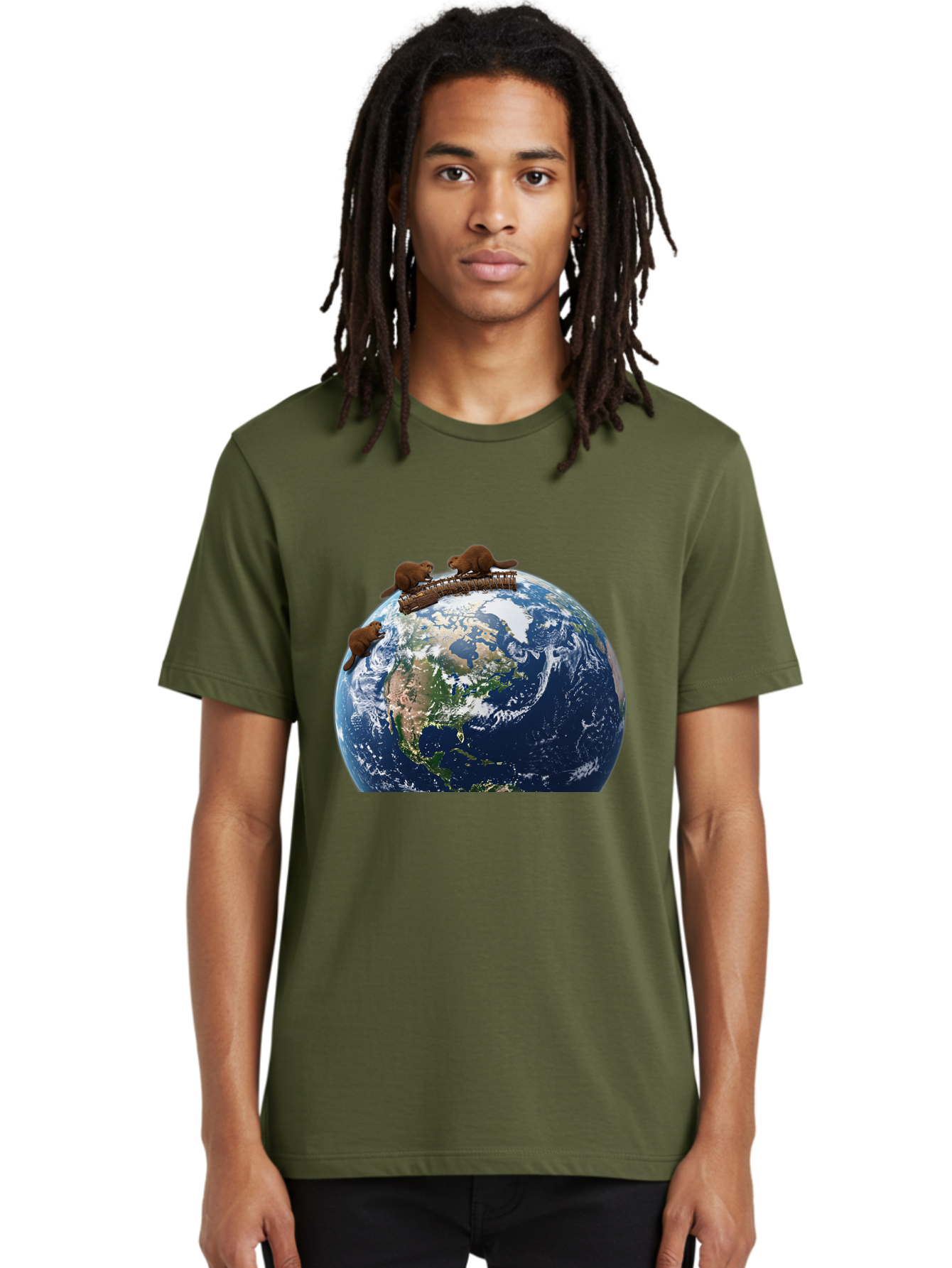 Beavers-On-Globe Men'S Graphic Tee, 100% Cotton, Comfortable Casual Summer Wear, Machine Washable, Beavers Building Dam On Top Of The Earth, Global Unity, Wildlife Conservation, Environmental Protection, Teamwork, Creative Beavers, Beaver Dam Baa157