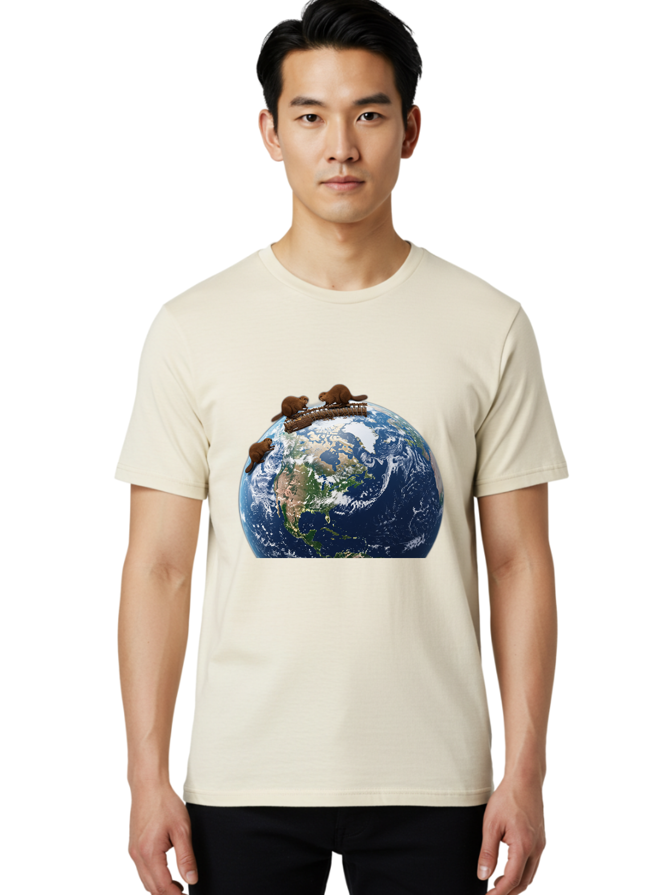 Beavers-On-Globe Men'S Graphic Tee, 100% Cotton, Comfortable Casual Summer Wear, Machine Washable, Beavers Building Dam On Top Of The Earth, Global Unity, Wildlife Conservation, Environmental Protection, Teamwork, Creative Beavers, Beaver Dam Baa157