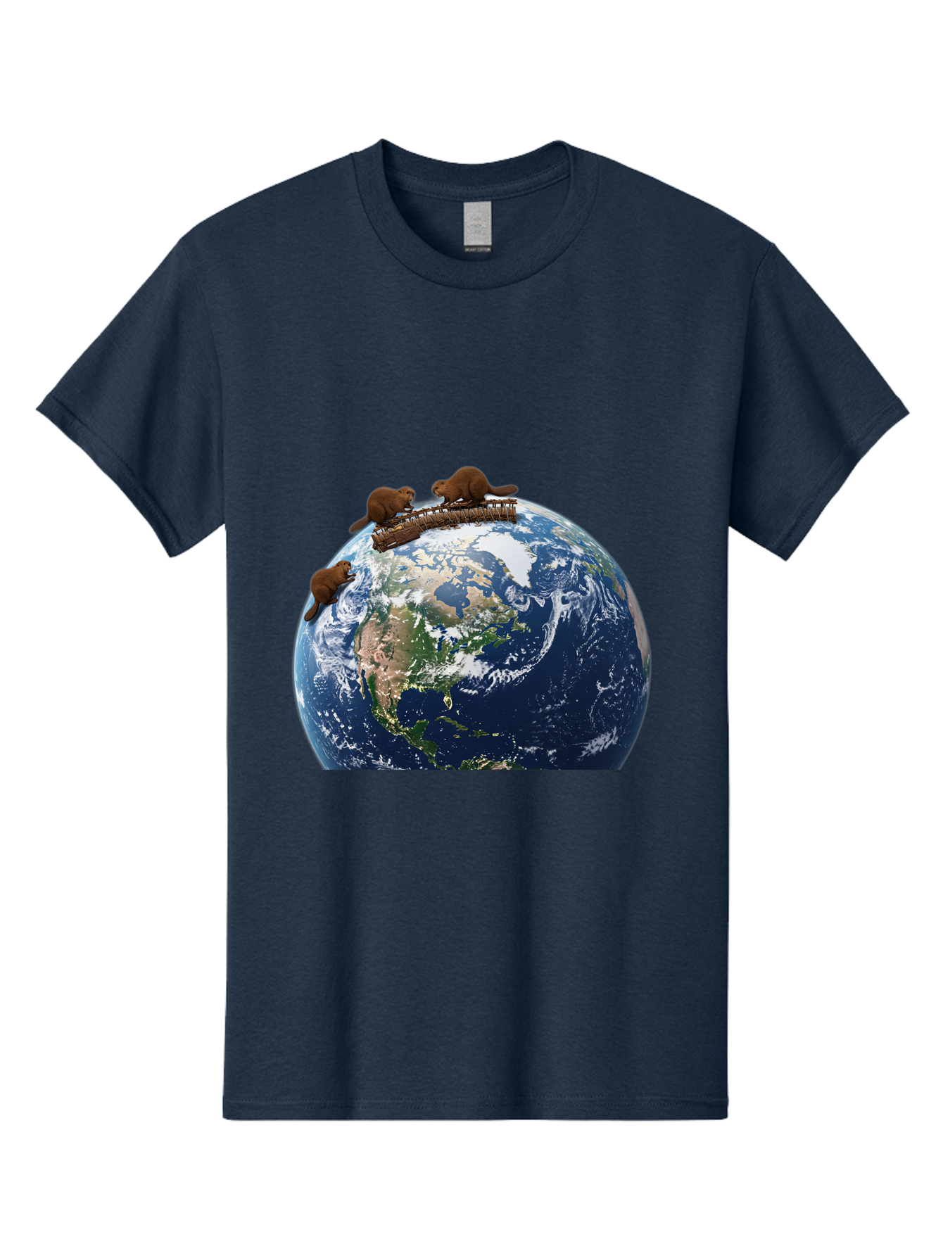 Beavers-On-Globe Men'S Graphic Tee, 100% Cotton, Comfortable Casual Summer Wear, Machine Washable, Beavers Building Dam On Top Of The Earth, Global Unity, Wildlife Conservation, Environmental Protection, Teamwork, Creative Beavers, Beaver Dam Baa157