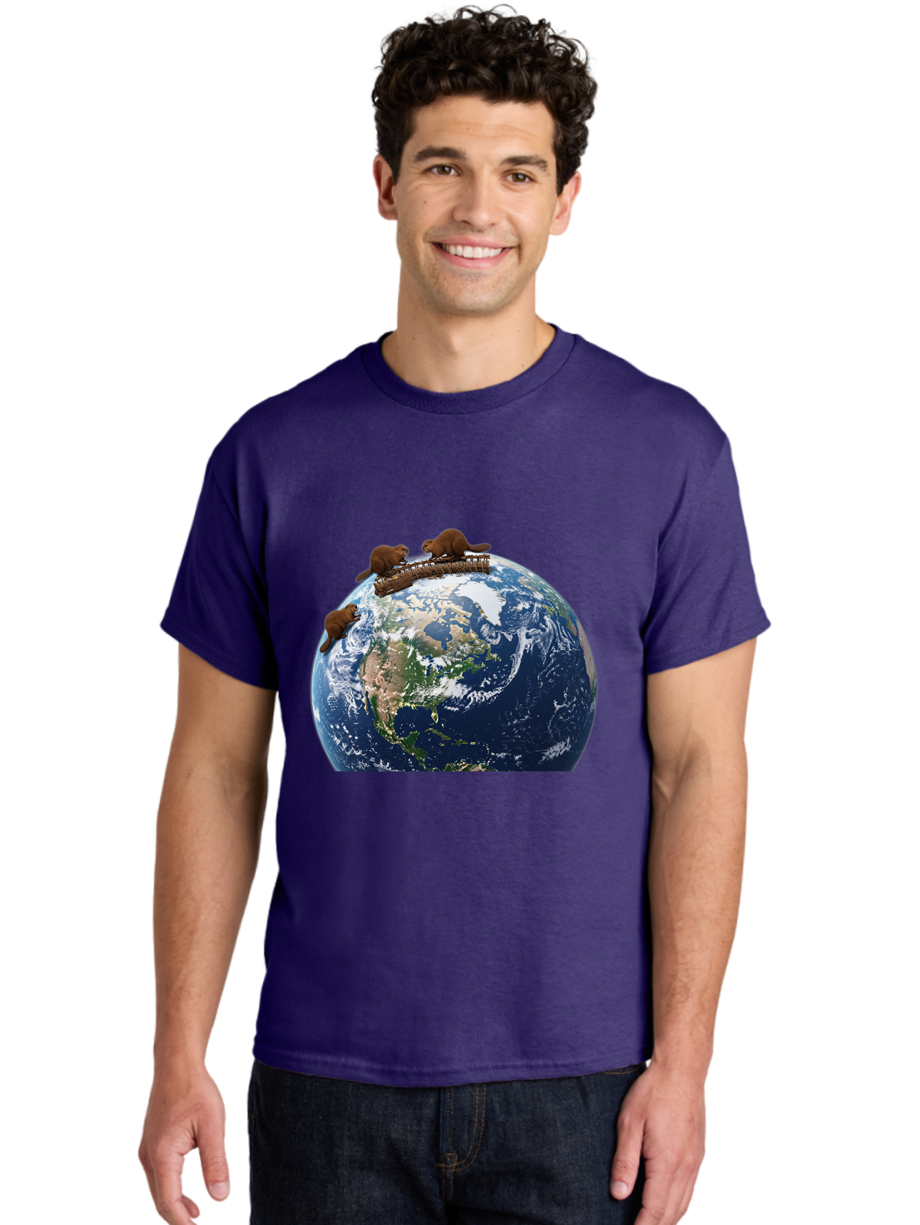 Beavers-On-Globe Men'S Graphic Tee, 100% Cotton, Comfortable Casual Summer Wear, Machine Washable, Beavers Building Dam On Top Of The Earth, Global Unity, Wildlife Conservation, Environmental Protection, Teamwork, Creative Beavers, Beaver Dam Baa157
