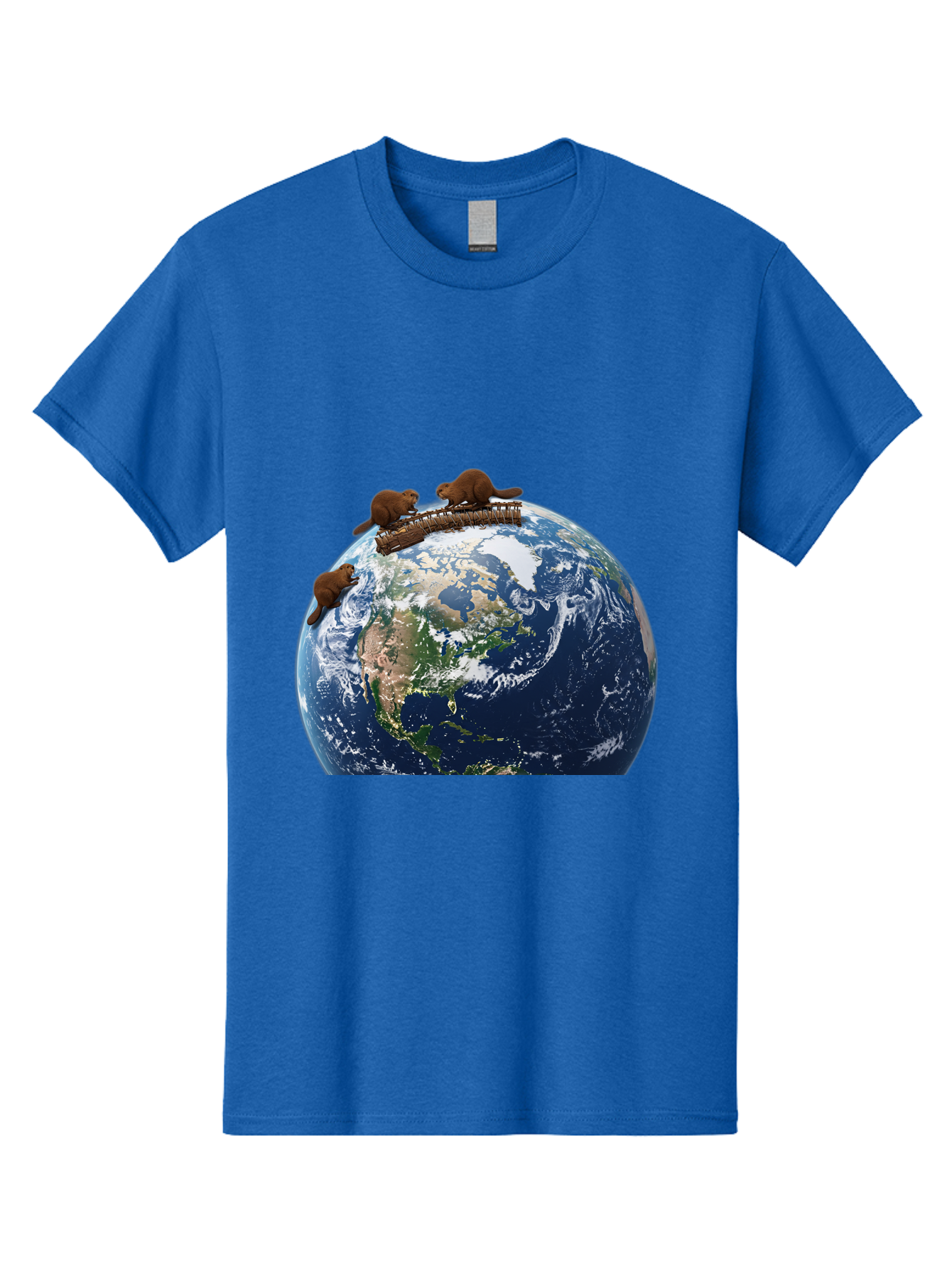 Beavers-On-Globe Men'S Graphic Tee, 100% Cotton, Comfortable Casual Summer Wear, Machine Washable, Beavers Building Dam On Top Of The Earth, Global Unity, Wildlife Conservation, Environmental Protection, Teamwork, Creative Beavers, Beaver Dam Baa157
