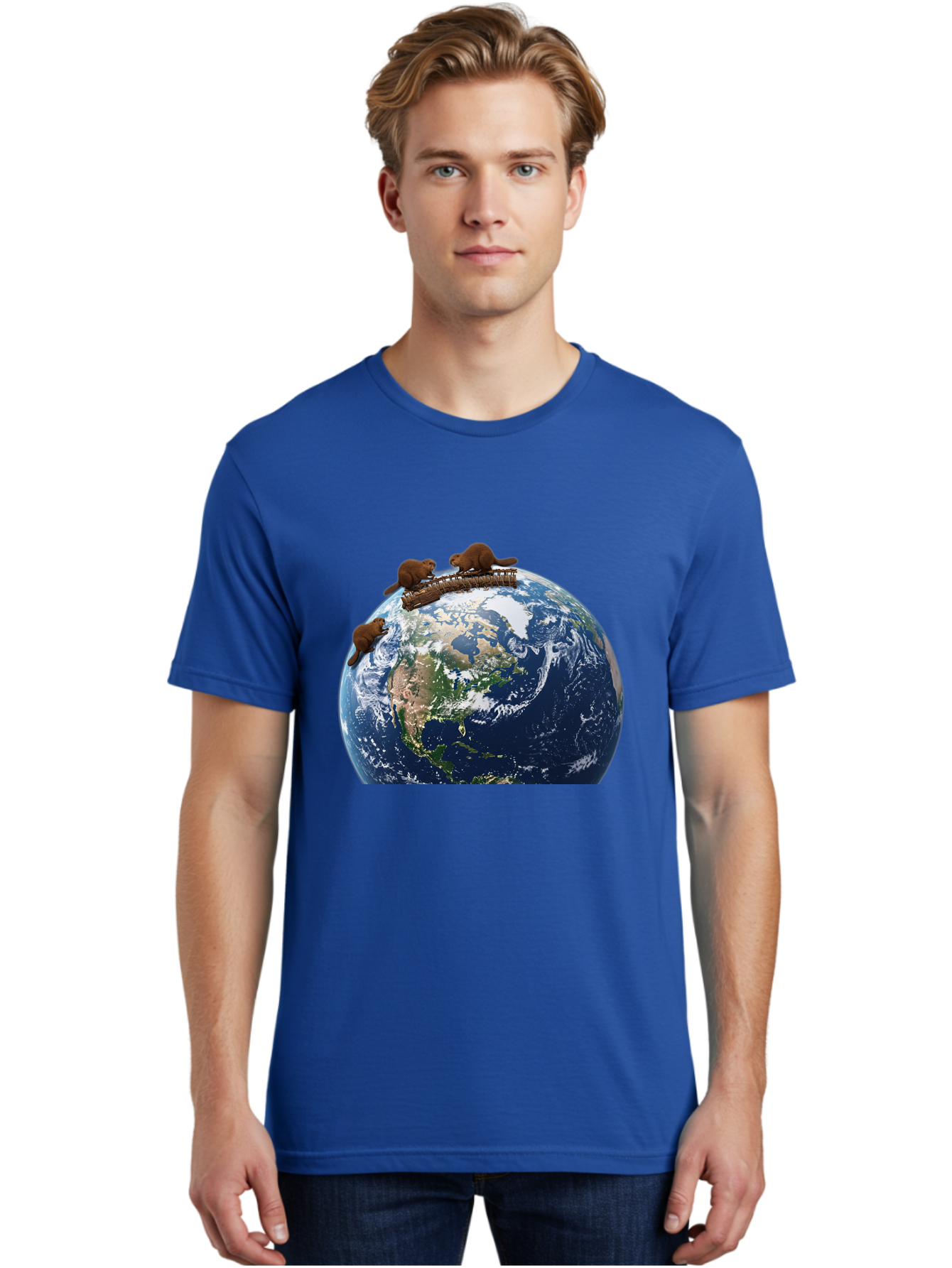 Beavers-On-Globe Men'S Graphic Tee, 100% Cotton, Comfortable Casual Summer Wear, Machine Washable, Beavers Building Dam On Top Of The Earth, Global Unity, Wildlife Conservation, Environmental Protection, Teamwork, Creative Beavers, Beaver Dam Baa157