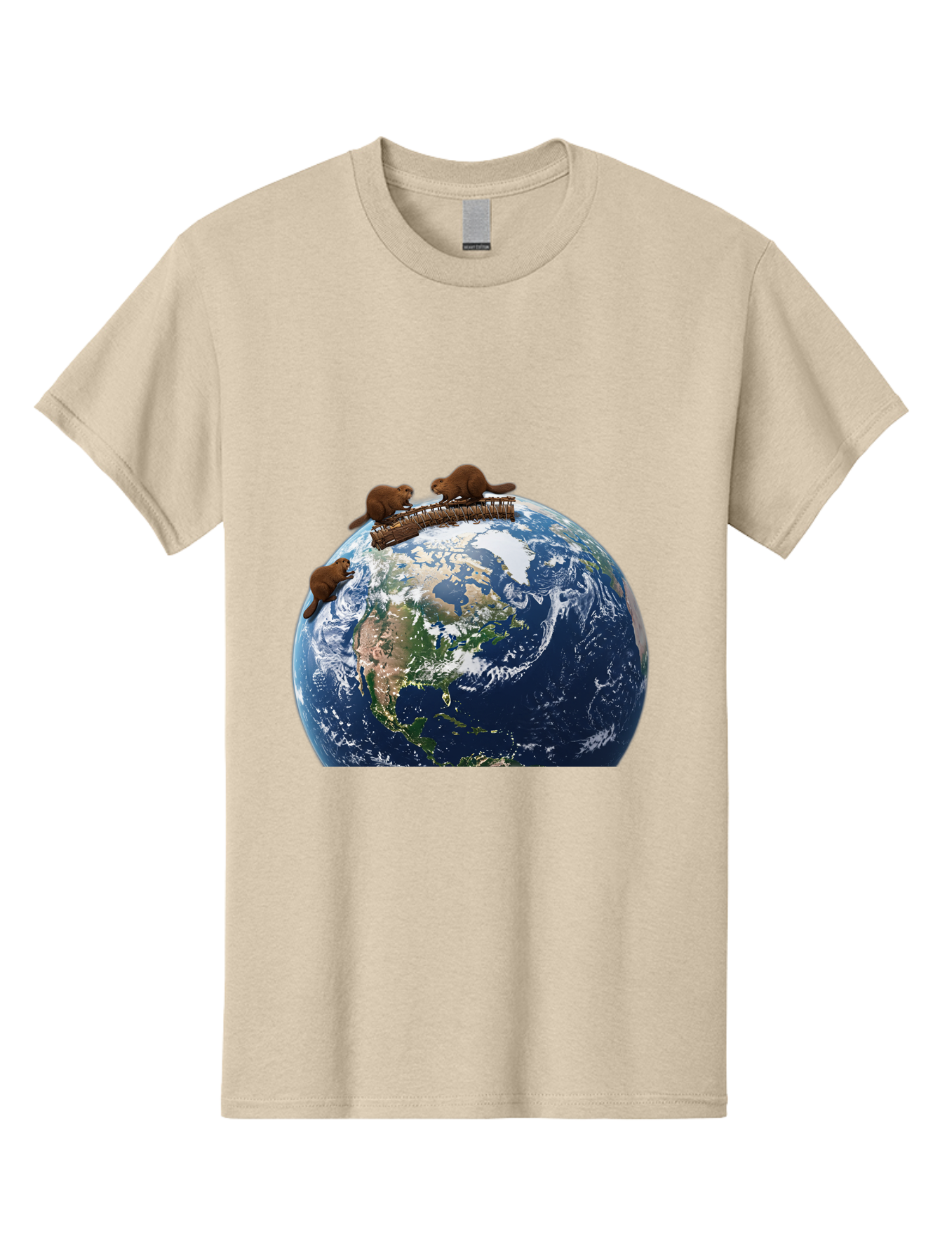 Beavers-On-Globe Men'S Graphic Tee, 100% Cotton, Comfortable Casual Summer Wear, Machine Washable, Beavers Building Dam On Top Of The Earth, Global Unity, Wildlife Conservation, Environmental Protection, Teamwork, Creative Beavers, Beaver Dam Baa157