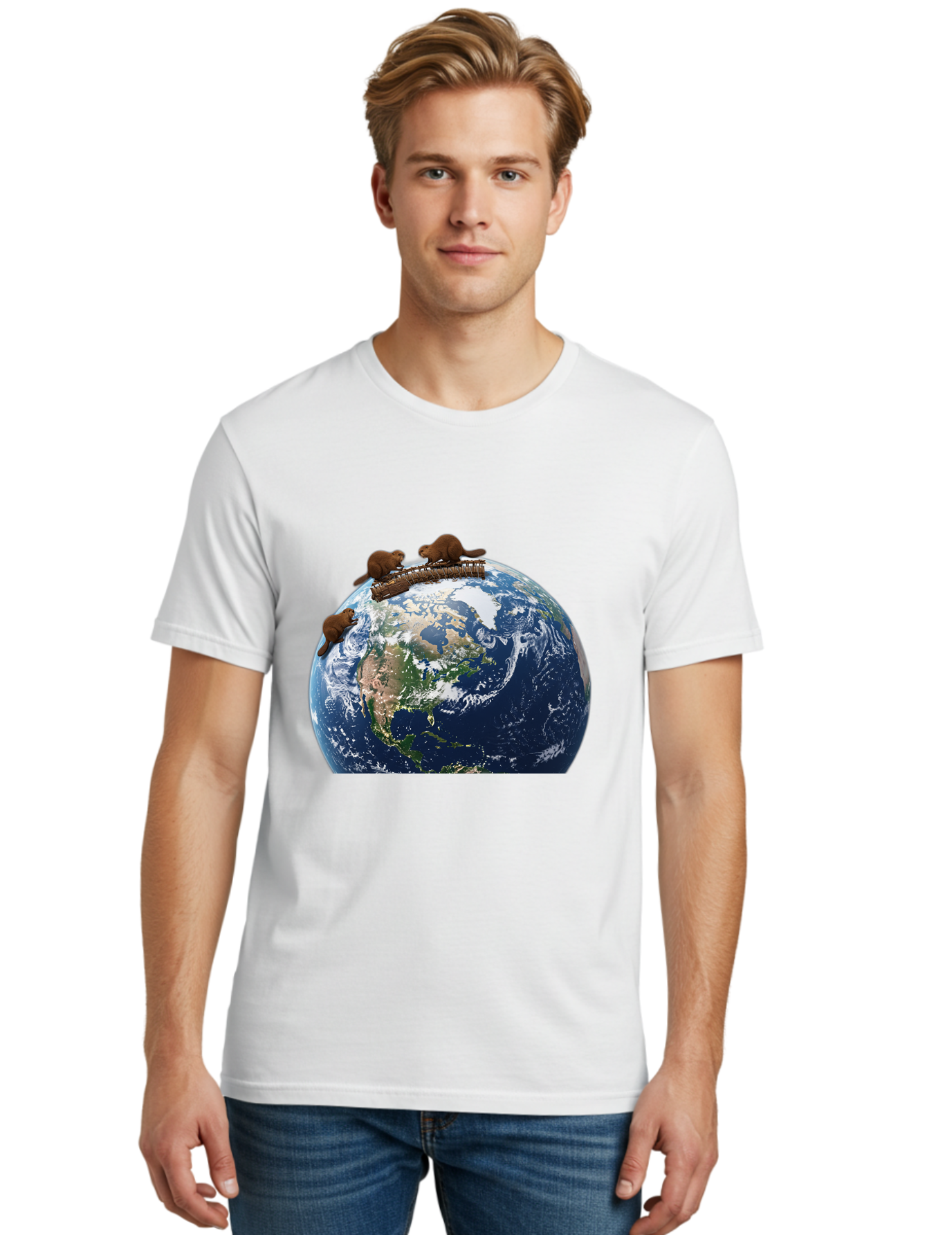 Beavers-On-Globe Men'S Graphic Tee, 100% Cotton, Comfortable Casual Summer Wear, Machine Washable, Beavers Building Dam On Top Of The Earth, Global Unity, Wildlife Conservation, Environmental Protection, Teamwork, Creative Beavers, Beaver Dam Baa157