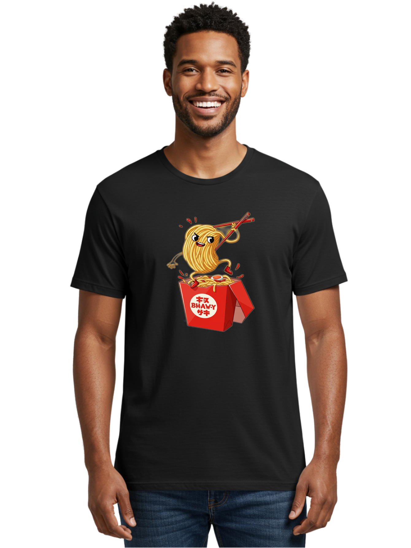 Bhawy-S-Noodle-Guy Men'S Graphic Tee, 100% Cotton, Comfortable Casual Summer Wear, Machine Washable, Cartoon Noodles, Takeout Box, Red Chopsticks, Happy Face, Animated Food, Bhawey, Japanese Characters, Noodle Takeout, Delicious Meal, Baa159