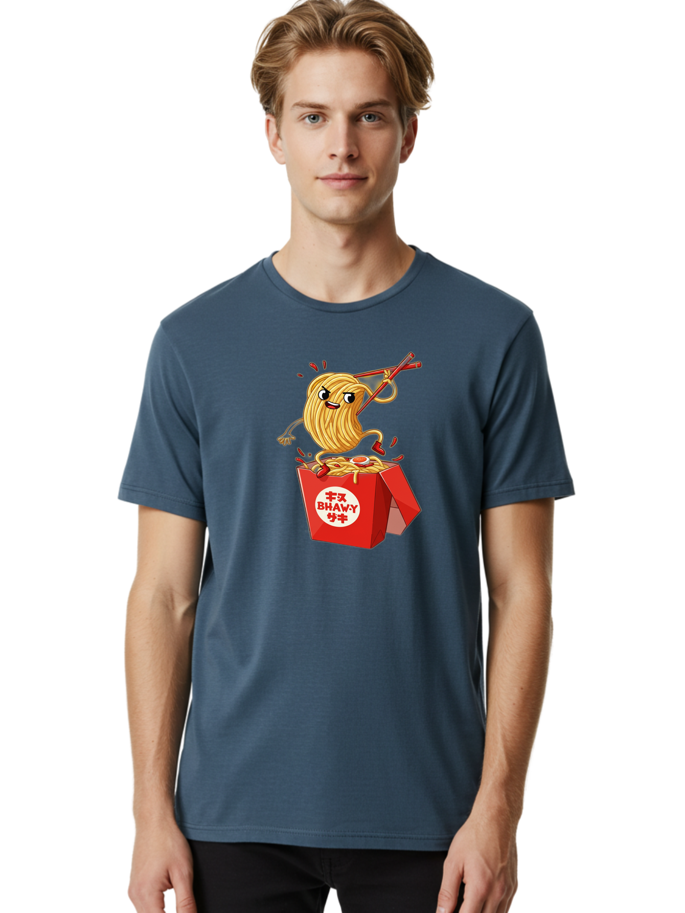 Bhawy-S-Noodle-Guy Men'S Graphic Tee, 100% Cotton, Comfortable Casual Summer Wear, Machine Washable, Cartoon Noodles, Takeout Box, Red Chopsticks, Happy Face, Animated Food, Bhawey, Japanese Characters, Noodle Takeout, Delicious Meal, Baa159