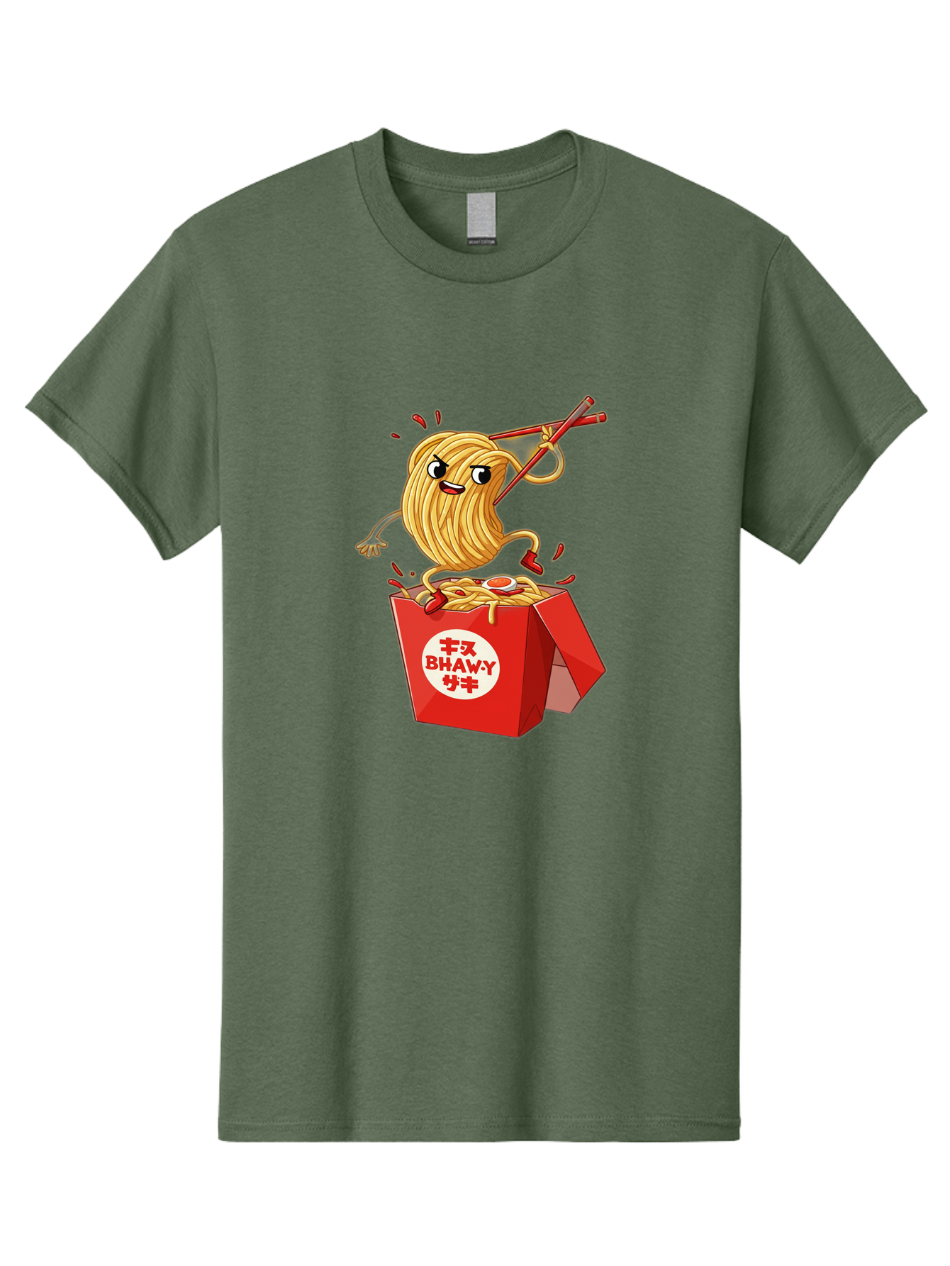 Bhawy-S-Noodle-Guy Men'S Graphic Tee, 100% Cotton, Comfortable Casual Summer Wear, Machine Washable, Cartoon Noodles, Takeout Box, Red Chopsticks, Happy Face, Animated Food, Bhawey, Japanese Characters, Noodle Takeout, Delicious Meal, Baa159