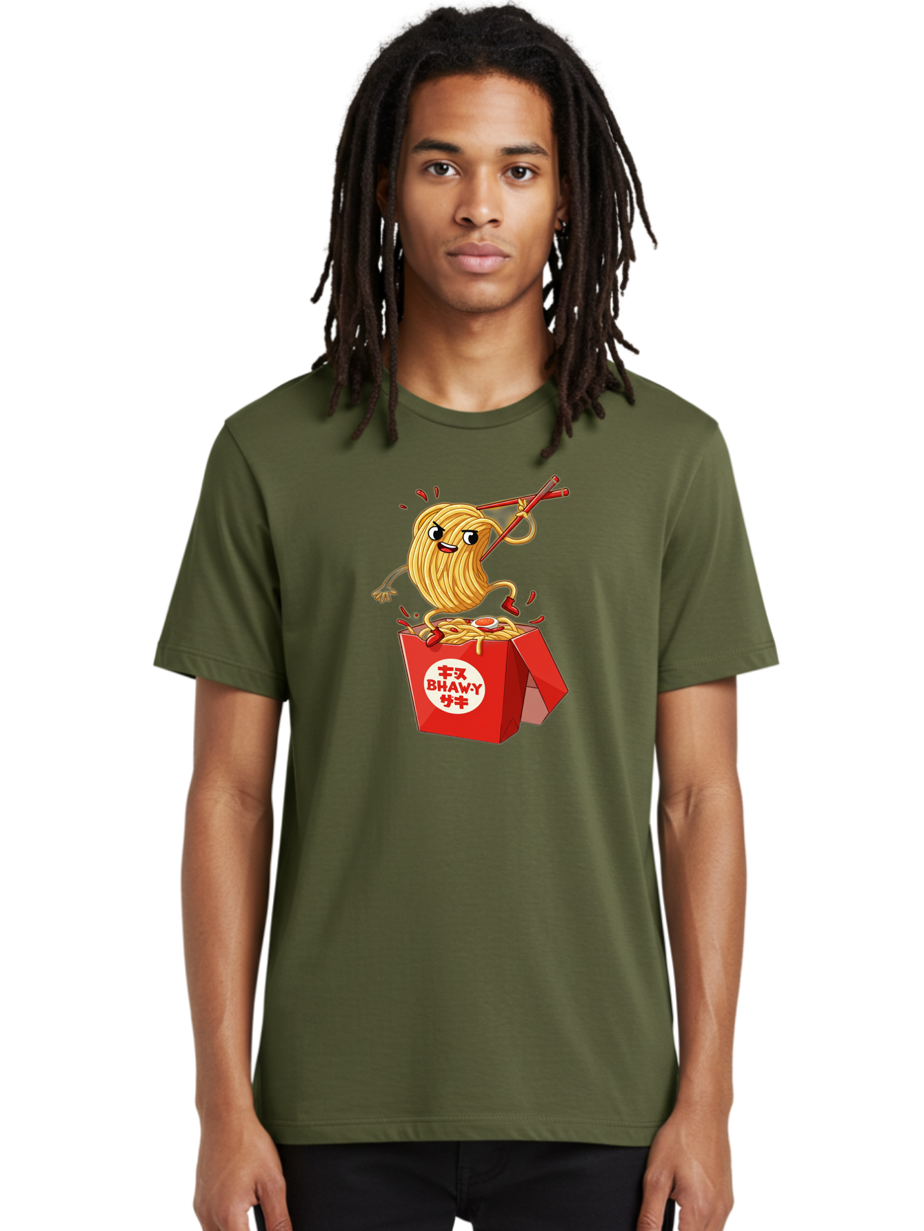 Bhawy-S-Noodle-Guy Men'S Graphic Tee, 100% Cotton, Comfortable Casual Summer Wear, Machine Washable, Cartoon Noodles, Takeout Box, Red Chopsticks, Happy Face, Animated Food, Bhawey, Japanese Characters, Noodle Takeout, Delicious Meal, Baa159