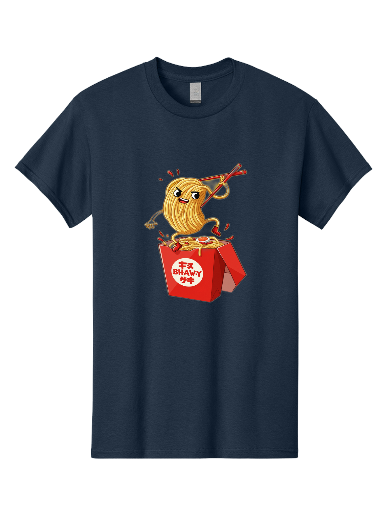 Bhawy-S-Noodle-Guy Men'S Graphic Tee, 100% Cotton, Comfortable Casual Summer Wear, Machine Washable, Cartoon Noodles, Takeout Box, Red Chopsticks, Happy Face, Animated Food, Bhawey, Japanese Characters, Noodle Takeout, Delicious Meal, Baa159