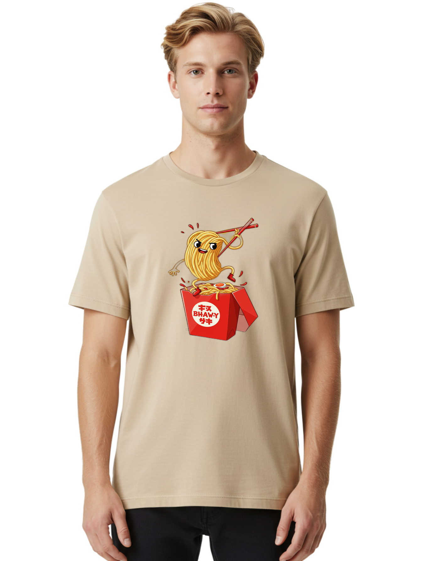 Bhawy-S-Noodle-Guy Men'S Graphic Tee, 100% Cotton, Comfortable Casual Summer Wear, Machine Washable, Cartoon Noodles, Takeout Box, Red Chopsticks, Happy Face, Animated Food, Bhawey, Japanese Characters, Noodle Takeout, Delicious Meal, Baa159