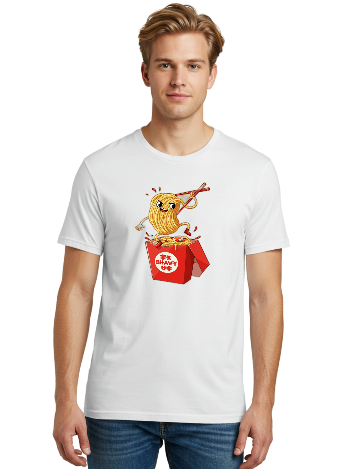 Bhawy-S-Noodle-Guy Men'S Graphic Tee, 100% Cotton, Comfortable Casual Summer Wear, Machine Washable, Cartoon Noodles, Takeout Box, Red Chopsticks, Happy Face, Animated Food, Bhawey, Japanese Characters, Noodle Takeout, Delicious Meal, Baa159