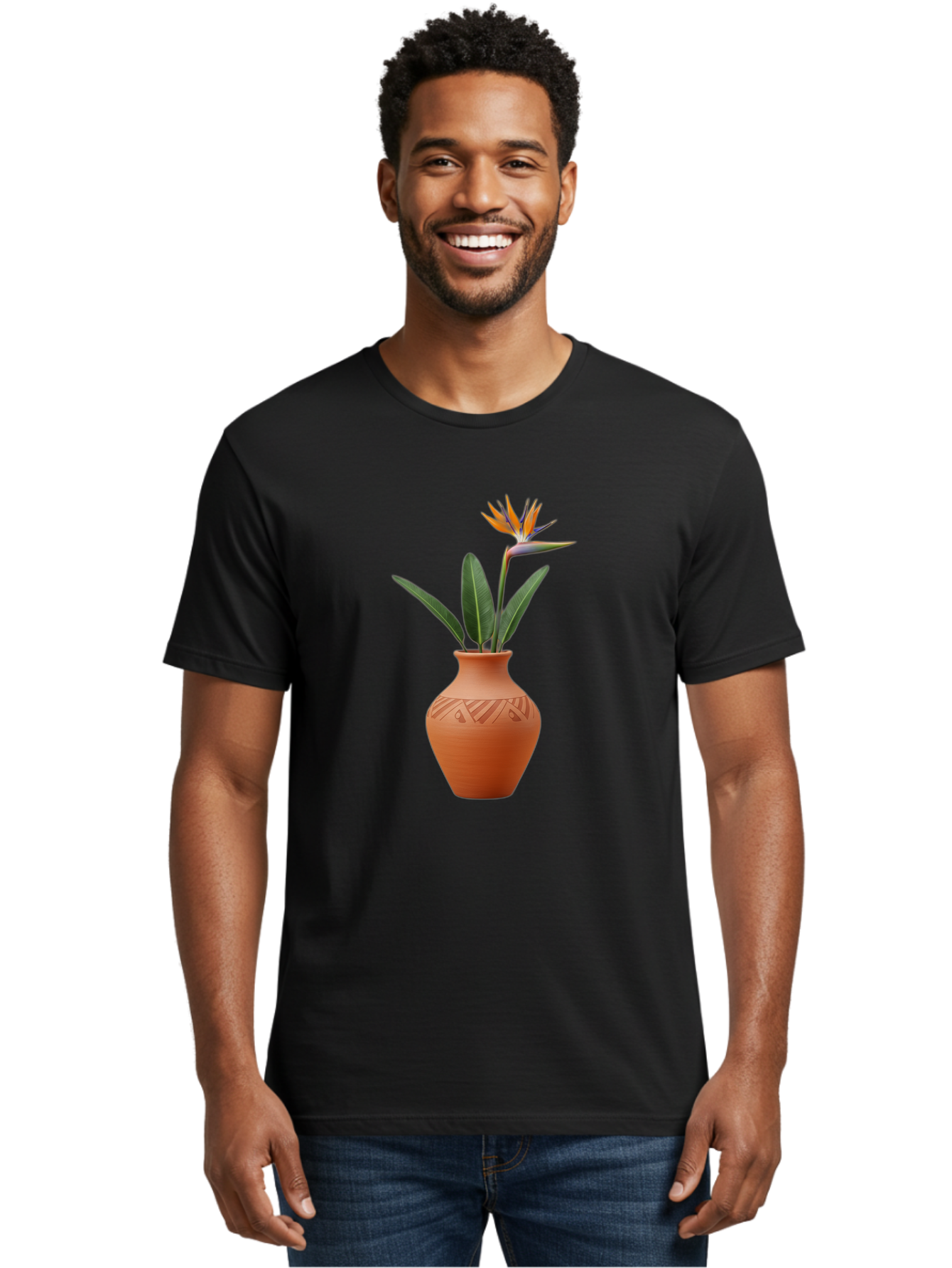 Bird-Of-Paradise Men'S Graphic Tee, 100% Cotton, Comfortable Casual Summer Wear, Machine Washable, Bird Of Paradise Flower, Orange And Green Hues, Clay Pot, Floral Arrangement, Decorative Vase, Tropical Blooms, Exotic Flower, Botanical Art Baa161