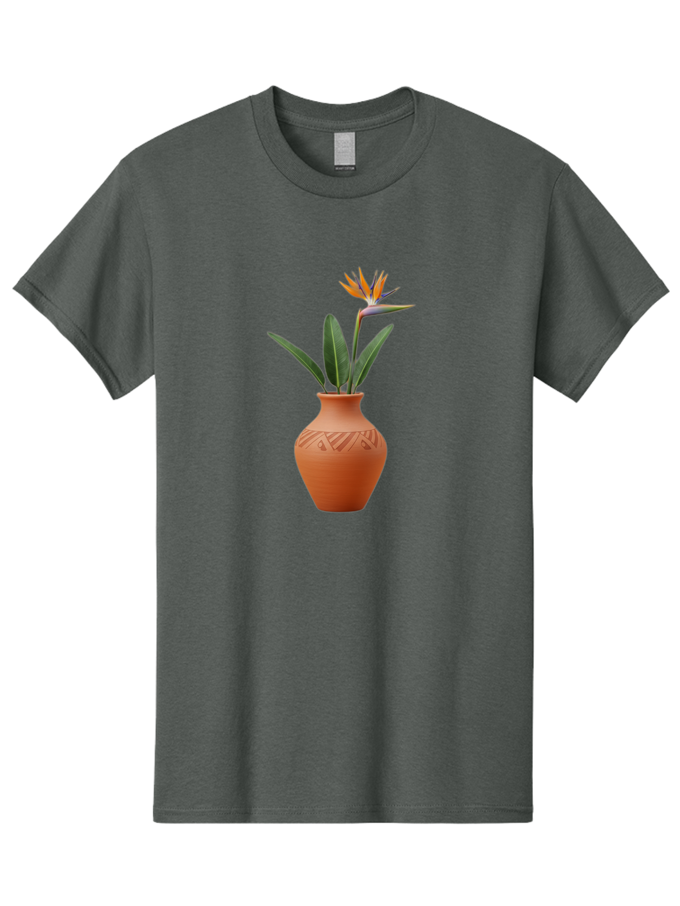 Bird-Of-Paradise Men'S Graphic Tee, 100% Cotton, Comfortable Casual Summer Wear, Machine Washable, Bird Of Paradise Flower, Orange And Green Hues, Clay Pot, Floral Arrangement, Decorative Vase, Tropical Blooms, Exotic Flower, Botanical Art Baa161