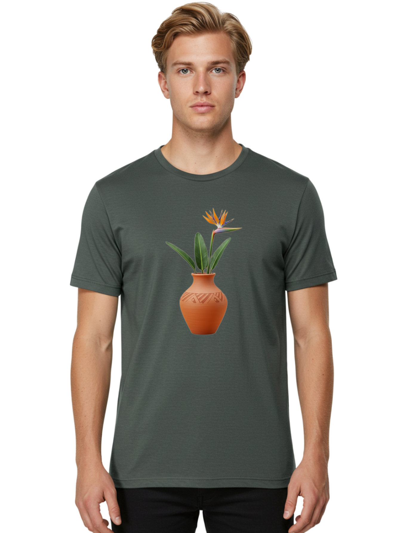 Bird-Of-Paradise Men'S Graphic Tee, 100% Cotton, Comfortable Casual Summer Wear, Machine Washable, Bird Of Paradise Flower, Orange And Green Hues, Clay Pot, Floral Arrangement, Decorative Vase, Tropical Blooms, Exotic Flower, Botanical Art Baa161