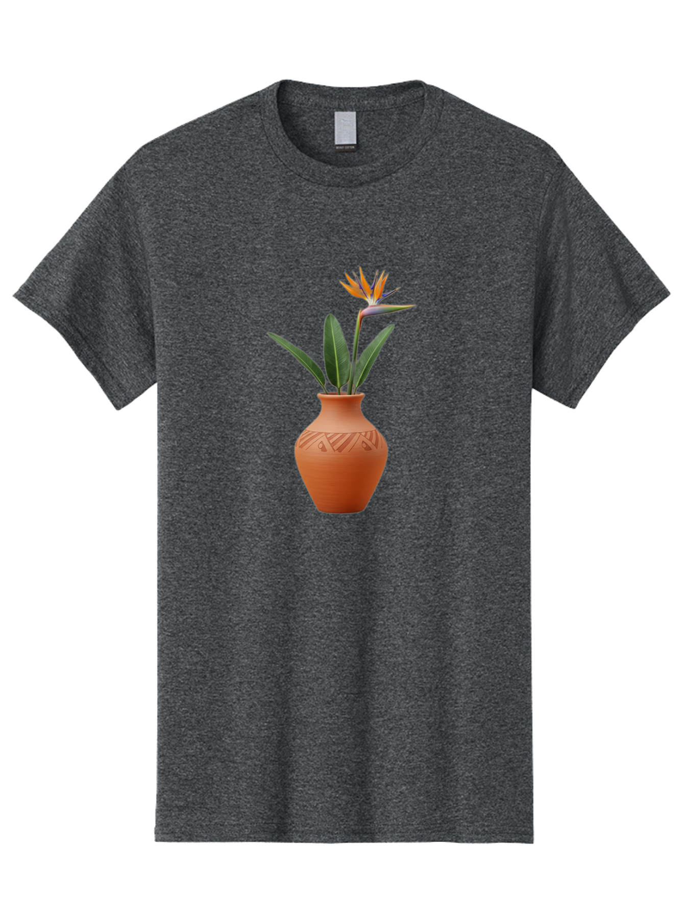 Bird-Of-Paradise Men'S Graphic Tee, 100% Cotton, Comfortable Casual Summer Wear, Machine Washable, Bird Of Paradise Flower, Orange And Green Hues, Clay Pot, Floral Arrangement, Decorative Vase, Tropical Blooms, Exotic Flower, Botanical Art Baa161