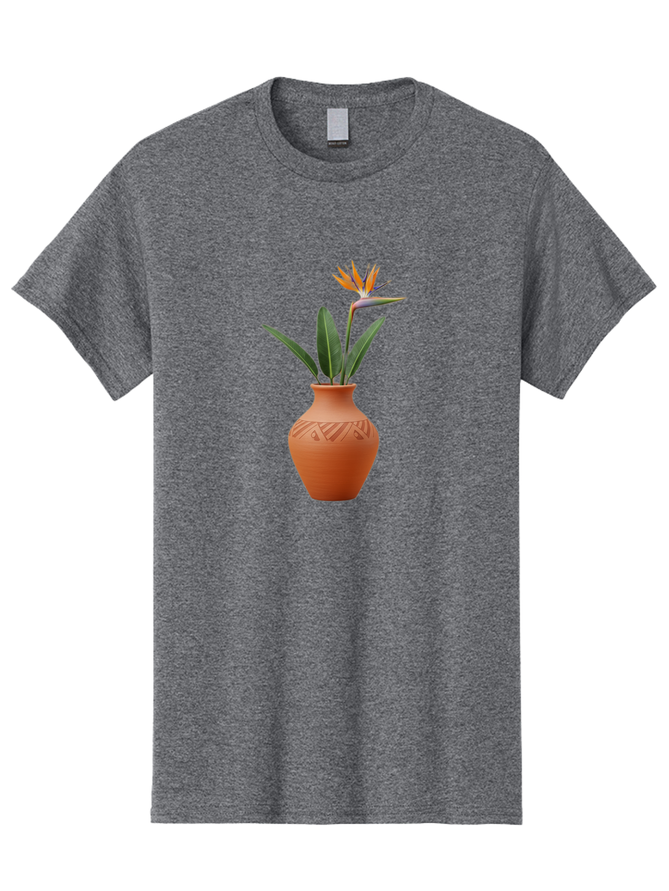 Bird-Of-Paradise Men'S Graphic Tee, 100% Cotton, Comfortable Casual Summer Wear, Machine Washable, Bird Of Paradise Flower, Orange And Green Hues, Clay Pot, Floral Arrangement, Decorative Vase, Tropical Blooms, Exotic Flower, Botanical Art Baa161