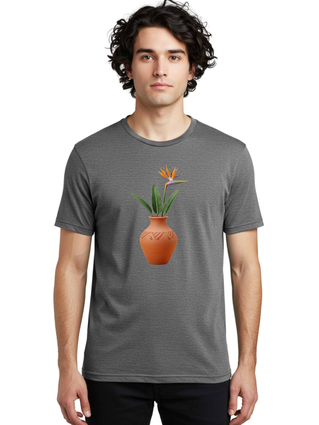 Bird-Of-Paradise Men'S Graphic Tee, 100% Cotton, Comfortable Casual Summer Wear, Machine Washable, Bird Of Paradise Flower, Orange And Green Hues, Clay Pot, Floral Arrangement, Decorative Vase, Tropical Blooms, Exotic Flower, Botanical Art Baa161