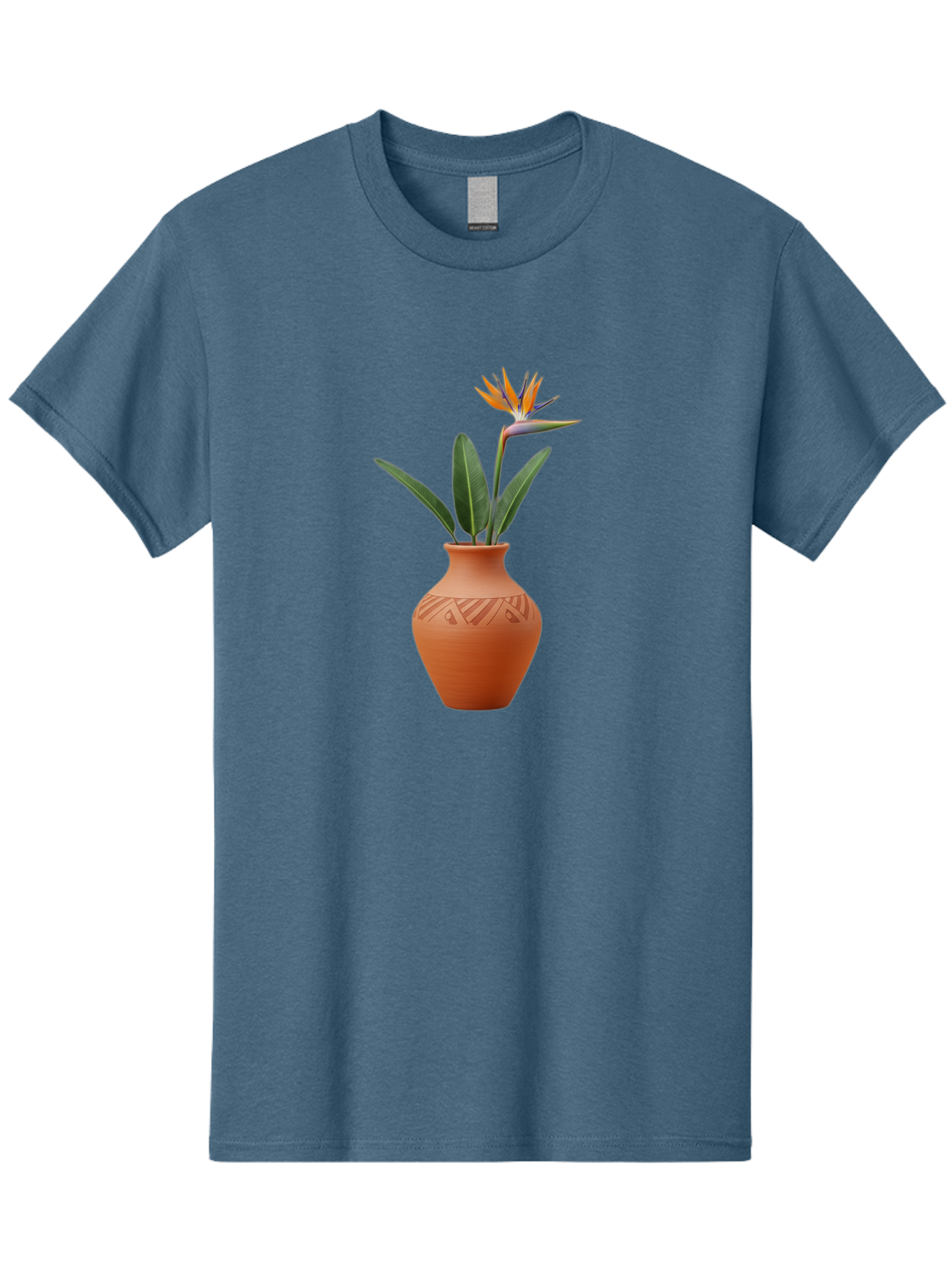 Bird-Of-Paradise Men'S Graphic Tee, 100% Cotton, Comfortable Casual Summer Wear, Machine Washable, Bird Of Paradise Flower, Orange And Green Hues, Clay Pot, Floral Arrangement, Decorative Vase, Tropical Blooms, Exotic Flower, Botanical Art Baa161