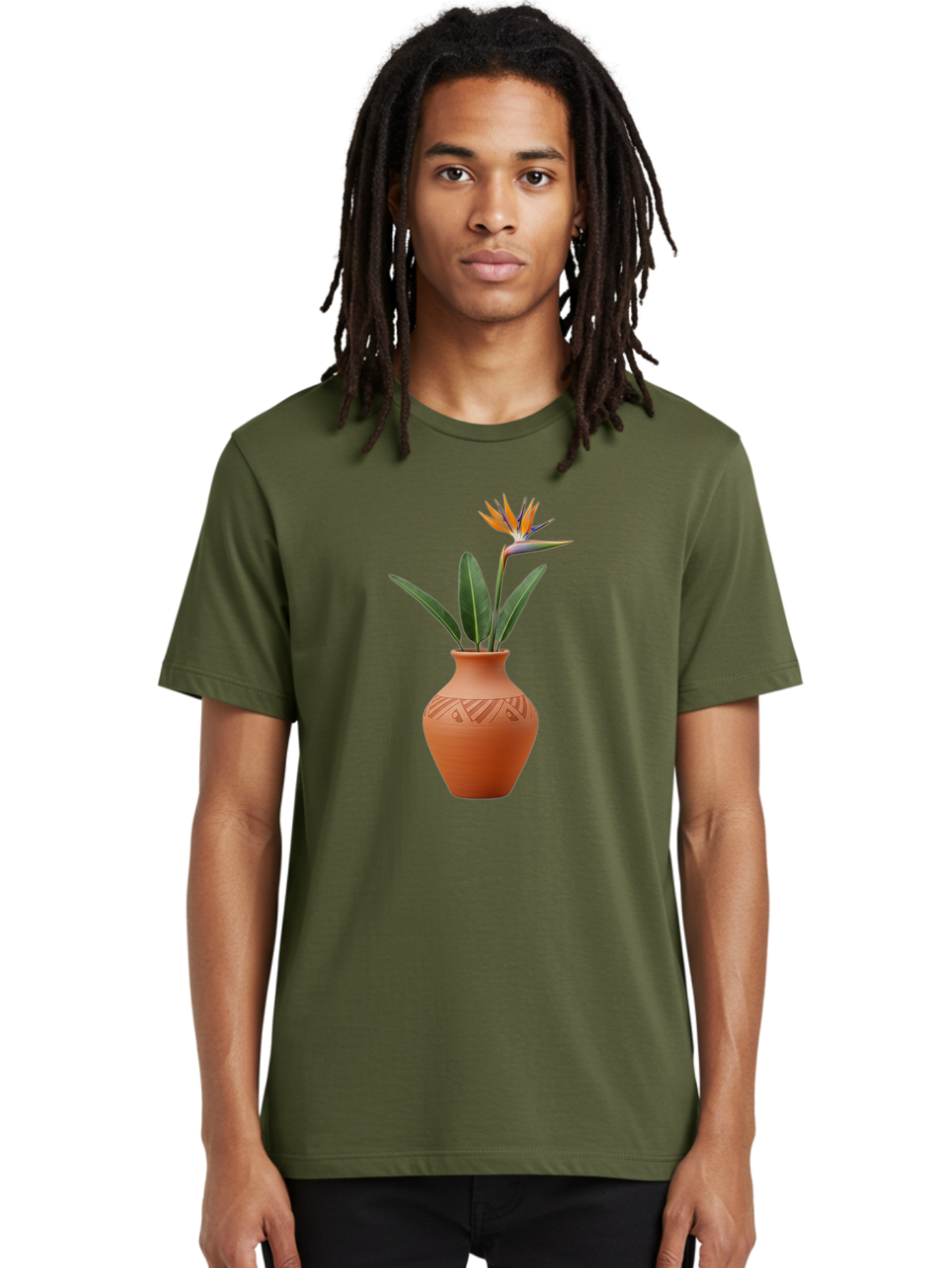 Bird-Of-Paradise Men'S Graphic Tee, 100% Cotton, Comfortable Casual Summer Wear, Machine Washable, Bird Of Paradise Flower, Orange And Green Hues, Clay Pot, Floral Arrangement, Decorative Vase, Tropical Blooms, Exotic Flower, Botanical Art Baa161
